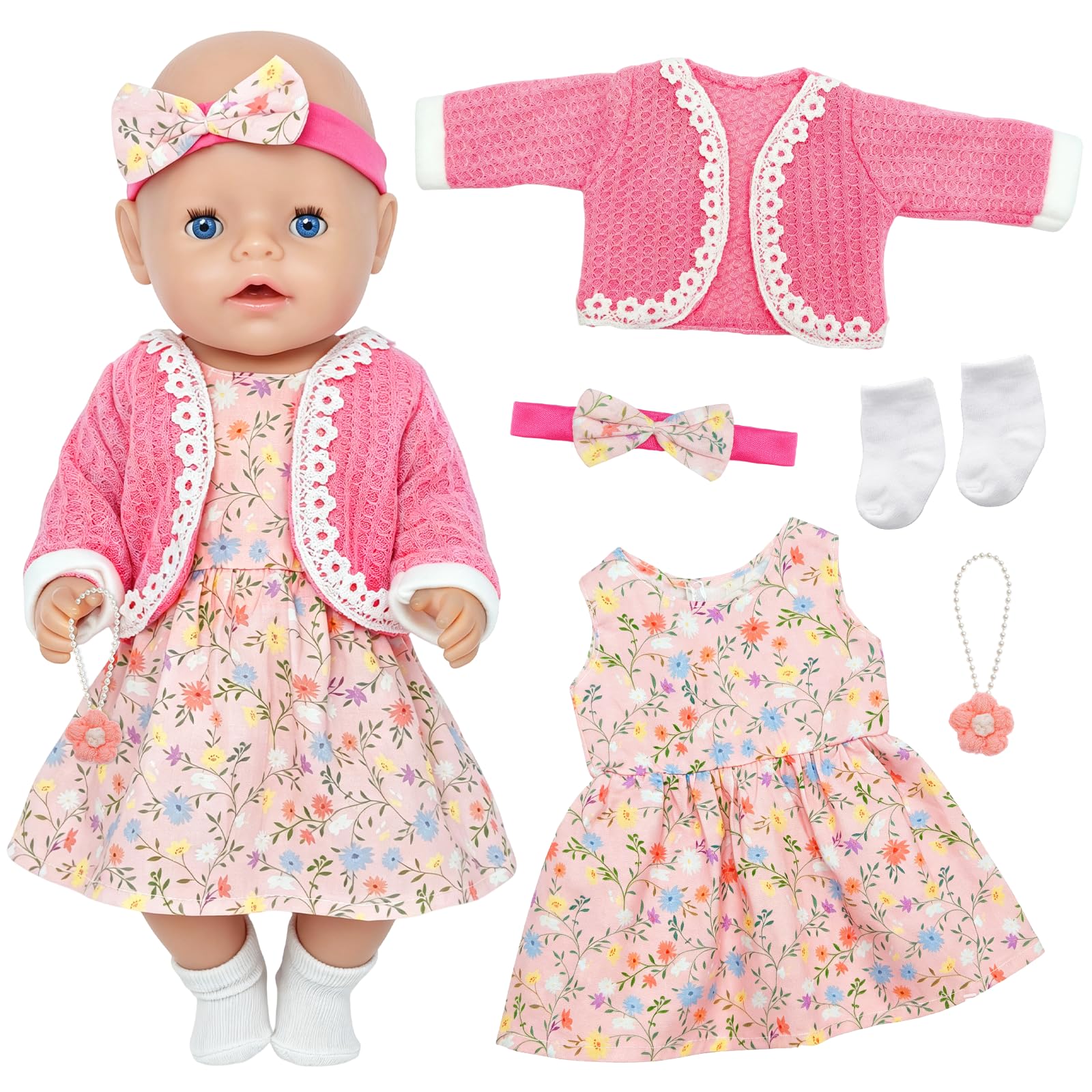 5 Pcs Baby Doll Clothes for 14-17 Inch Dolls, Cute Dolls Clothes with Pink Top Floral Skirt Flower Pendant Bow Hairband White Socks, 35–43 CM Sweet Baby Doll Accessories Gift for Kids Girls Boys