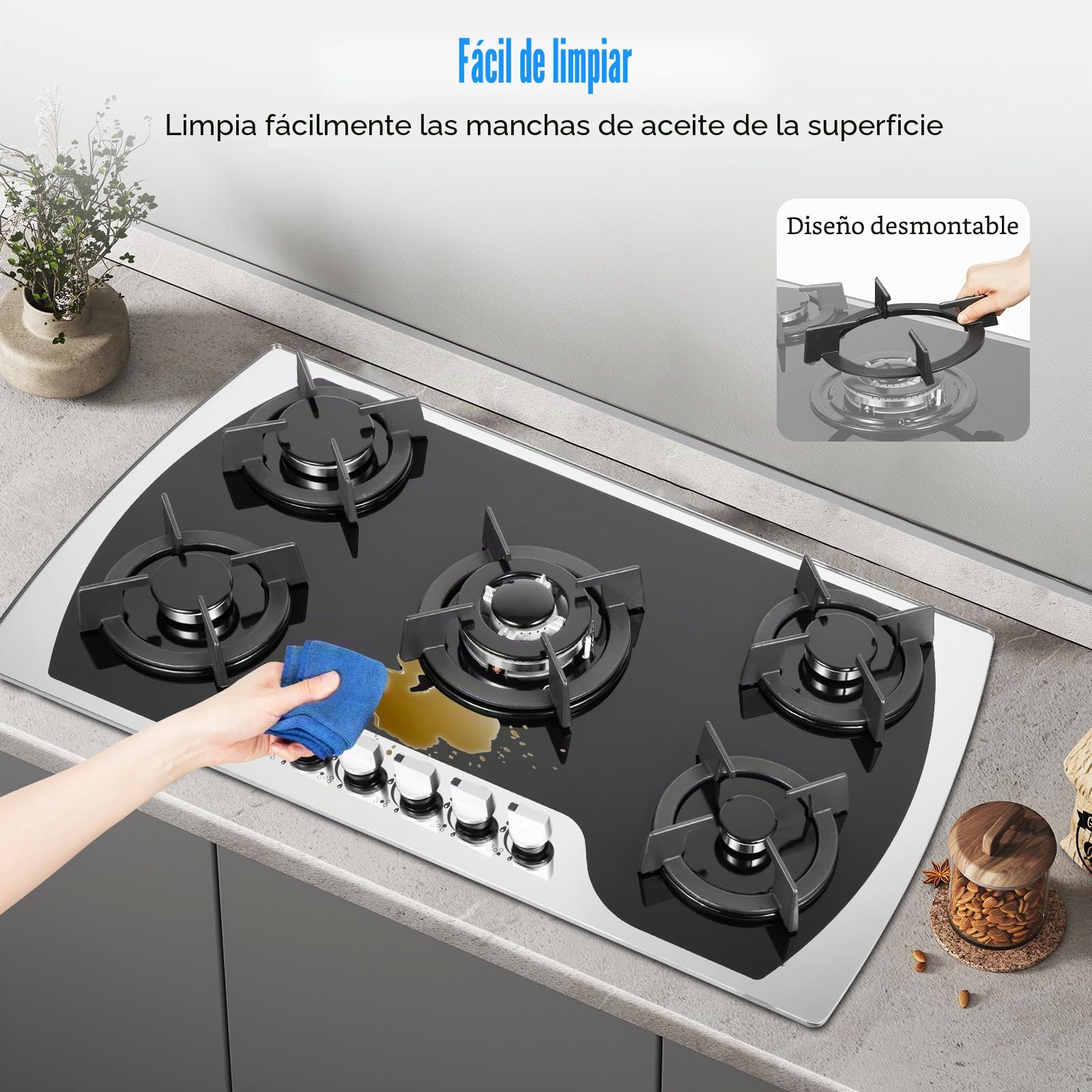 Placa de cocción con 5 quemadores de 5 zonas, quemador de gas, con estante para ollas para cocina doméstica o comercial en casas o restaurantes, 90 cm