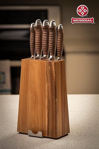 Miniatura 5 de Mundial Nobilis Series - Juego de 6 cuchillos con mango de madera y cuchillas de acero inoxidable y 1 bloque de madera con soporte para tableta