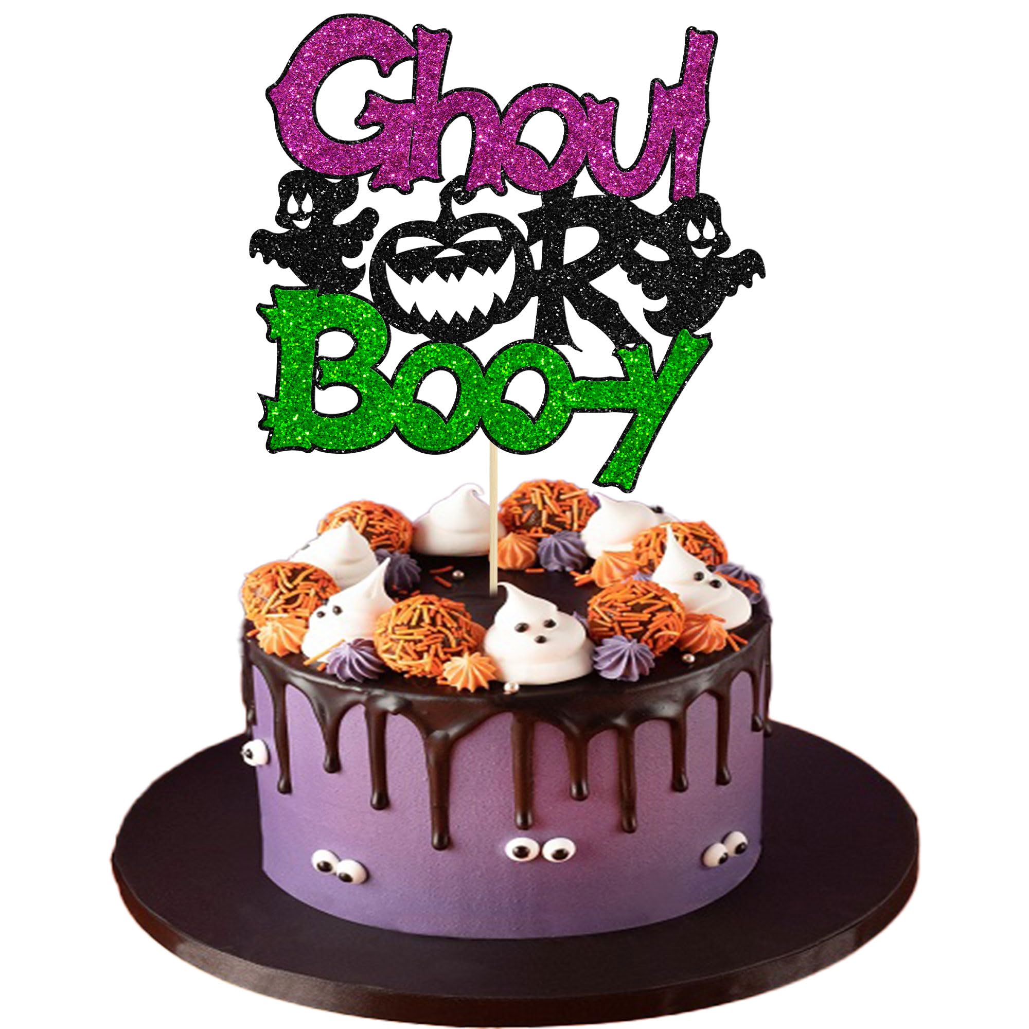 Gyufise 1Pc Halloween Boo-y or Ghoul Cake Topper Halloween Boy or Girl Gender Reveal Cake Topper Decorations for Halloween Baby Shower Gender Reveal Party Decorations Green Purple