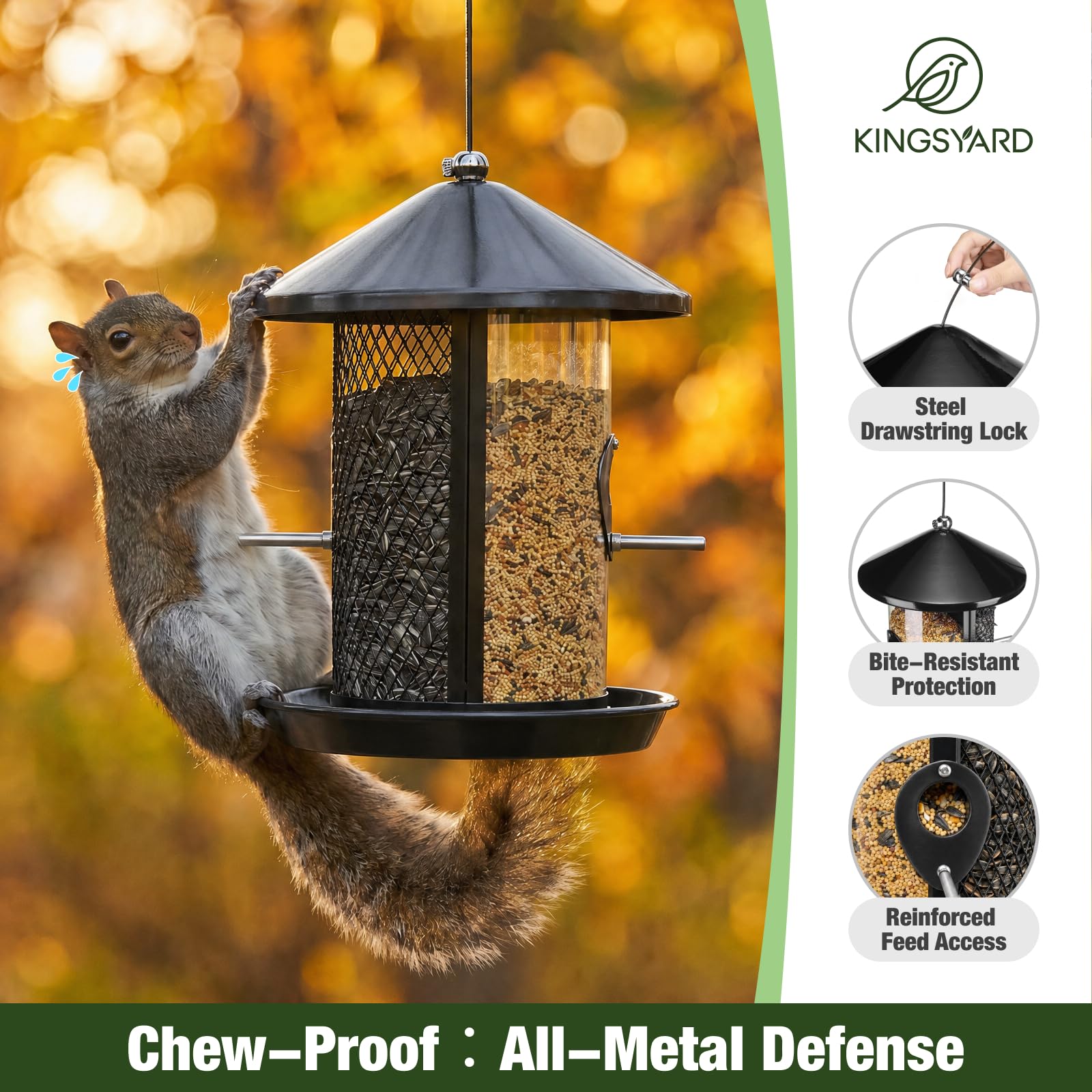 Kingsyard Comedero de metal para pájaros para colgar al aire libre, comedero para pájaros silvestres a prueba de masticación con doble cámara de 4 libras de capacidad para pinzón cardenal Bluebird