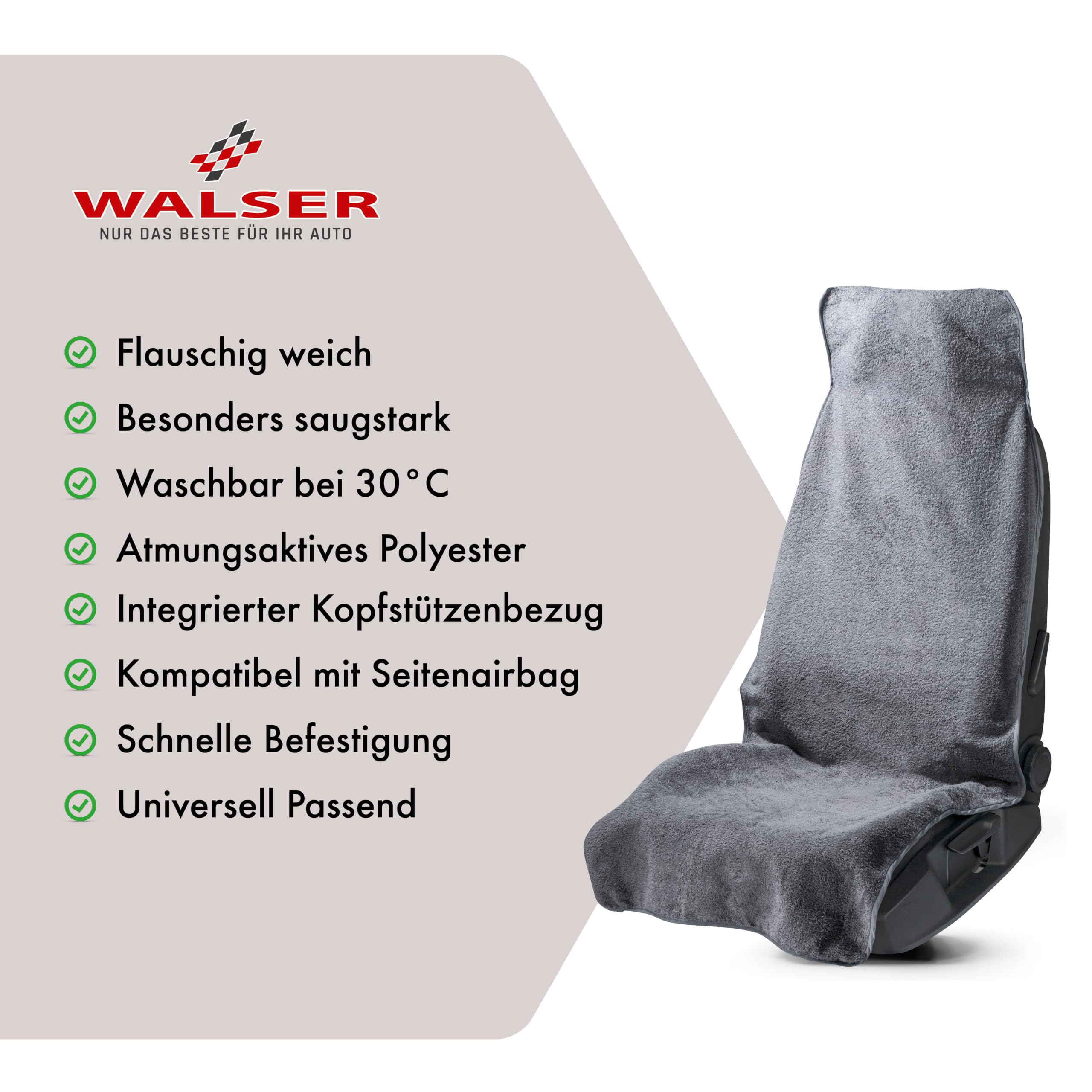 Walser Auto Sitzauflage Vordersitz aus Frottee, 2er Set Sitzaufleger, waschbarer Sitzschoner Auto, Universal Auto-Sitzauflage, Autositz-Überwurf, Schonbezug Autositz vorne 2 Stück grau