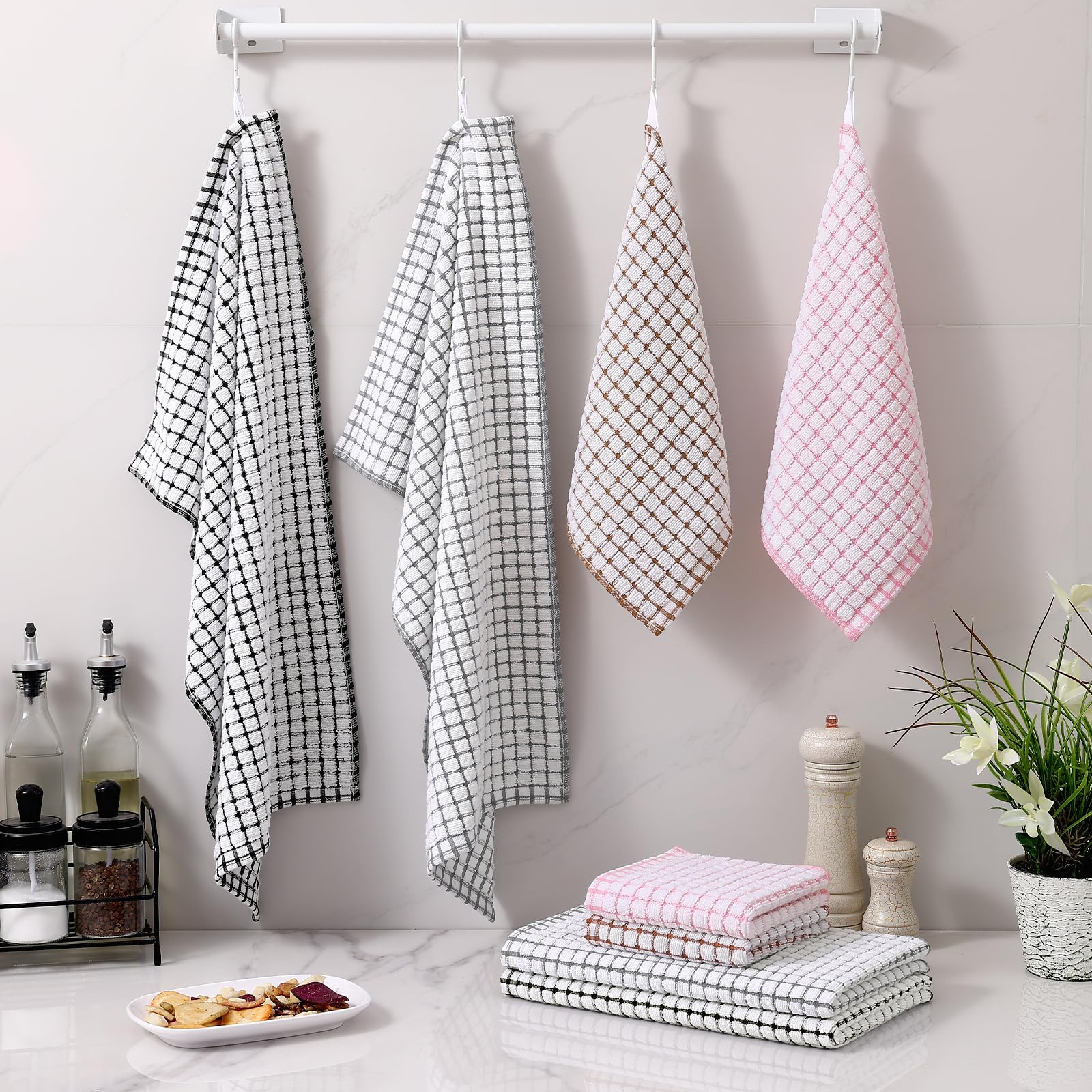 Homaxy Lot de 8 torchons de cuisine en coton éponge super doux et absorbants, 40,6 x 63,5 cm et 30,5 x 30,5 cm, noir/gris/rose/marron
