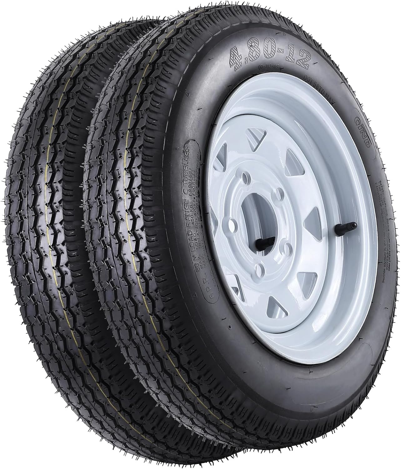 2-Pack 4.80-12 4.80x12 480-12 Trailer Tires with 12'' Rims, White 5 Lug On 4.5'', 6PR Load Range C Heavy-Duty Tires for Utility, Boat, Camper Trailers