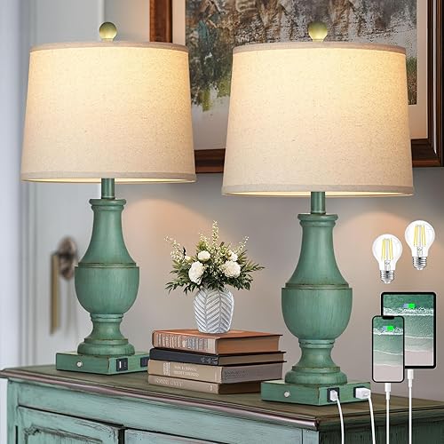 Farmhouse Table Lamp Set of 2, Rustic Touch Control 3-Way Dimmable Lamps with USB A+C Charging Ports & AC Outlet, Vintage Retro Antique Bedside Lamp
