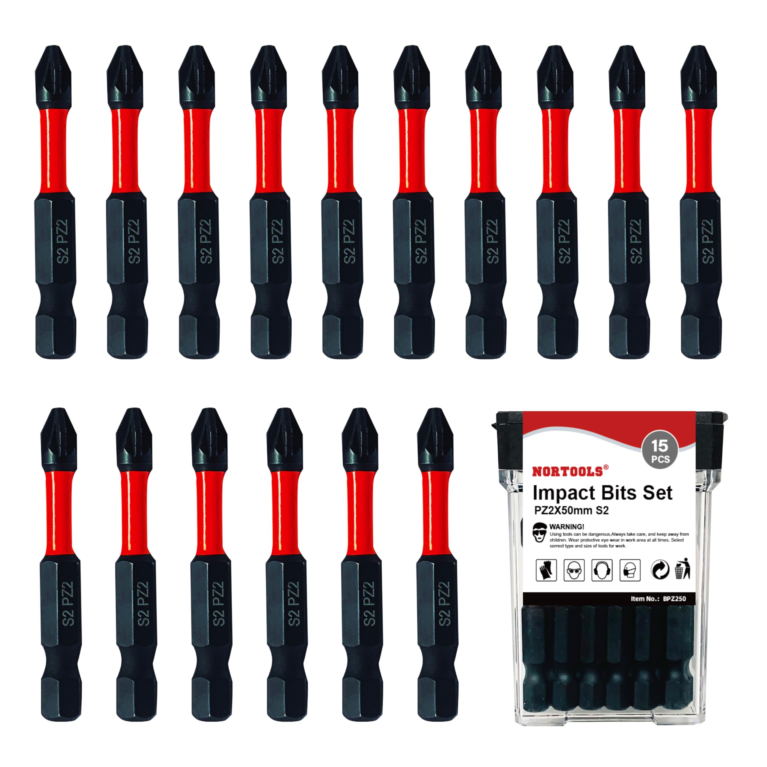 NORTOOLS 15pcs S2 Steel Magnetic Pozidriv Screwdriver Bit Set, (50mm) PZ2 Non-Slip, 1/4" Hex Shank