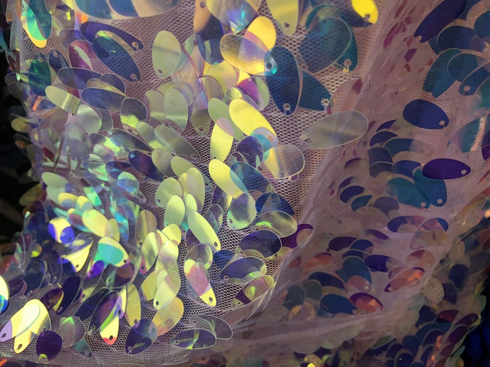 Iridescent Hologram Oval Tear Drop Sequins Fabric - Irisdescent Clear Pink/Lilac - Multi-Color Mermaid Shiny Sequins for Dress and Decor Sold by The Yard