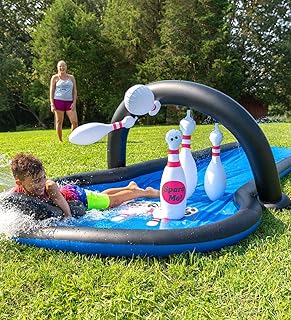 HearthSong Strike Zone 18 Foot Bowling Water Slide with Two Inflatable Speedboards and Spare Pin, and 6-Foot Splash Pool, for Outdoor Active Play