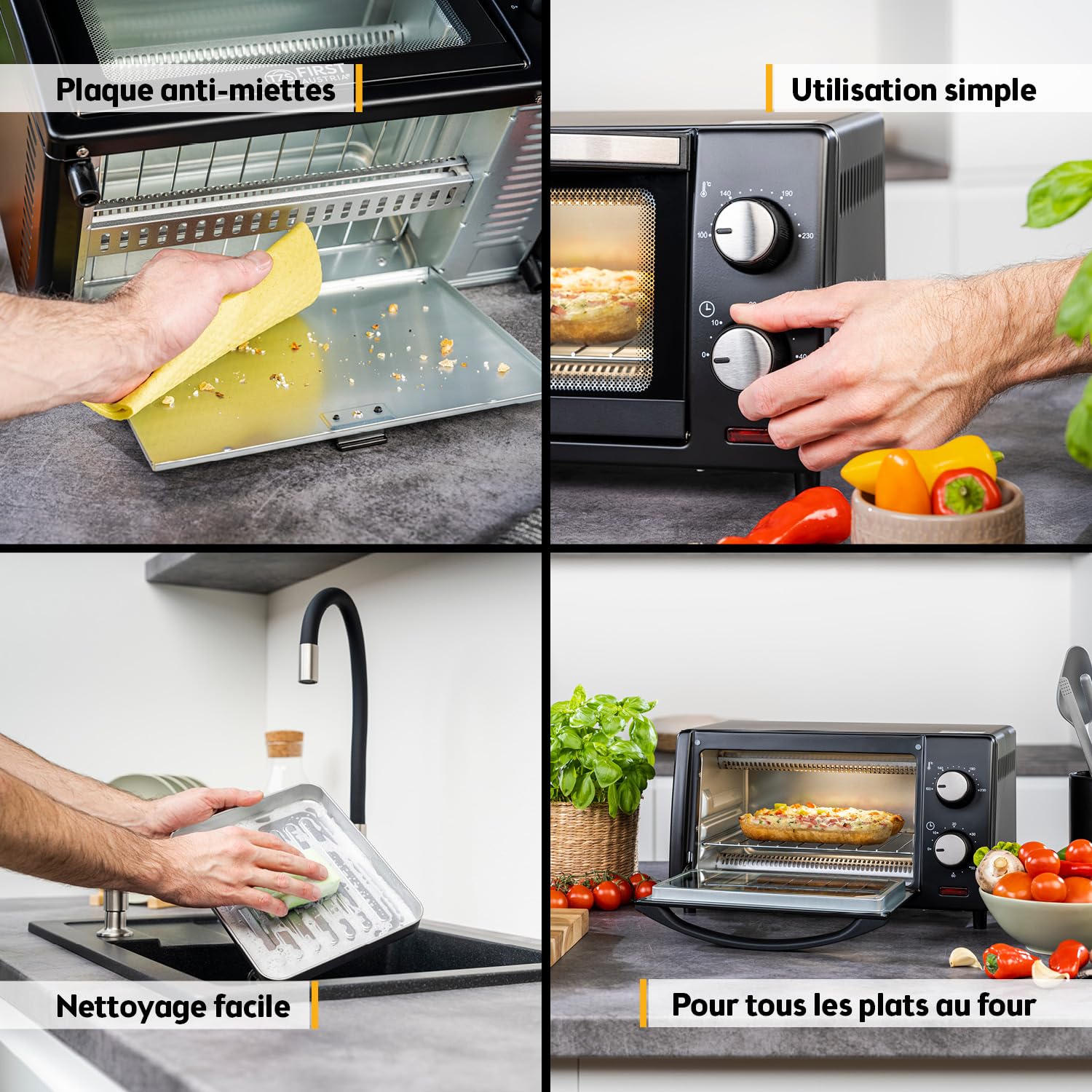 TZS First Austria - Mini-Four 10L 800W - Four avec réglage de la température jusqu'à 230°C - Avec minuteur de 60 min, 2 hauteurs d'insertion, plaque et grille - Pour petites cuisines et camping