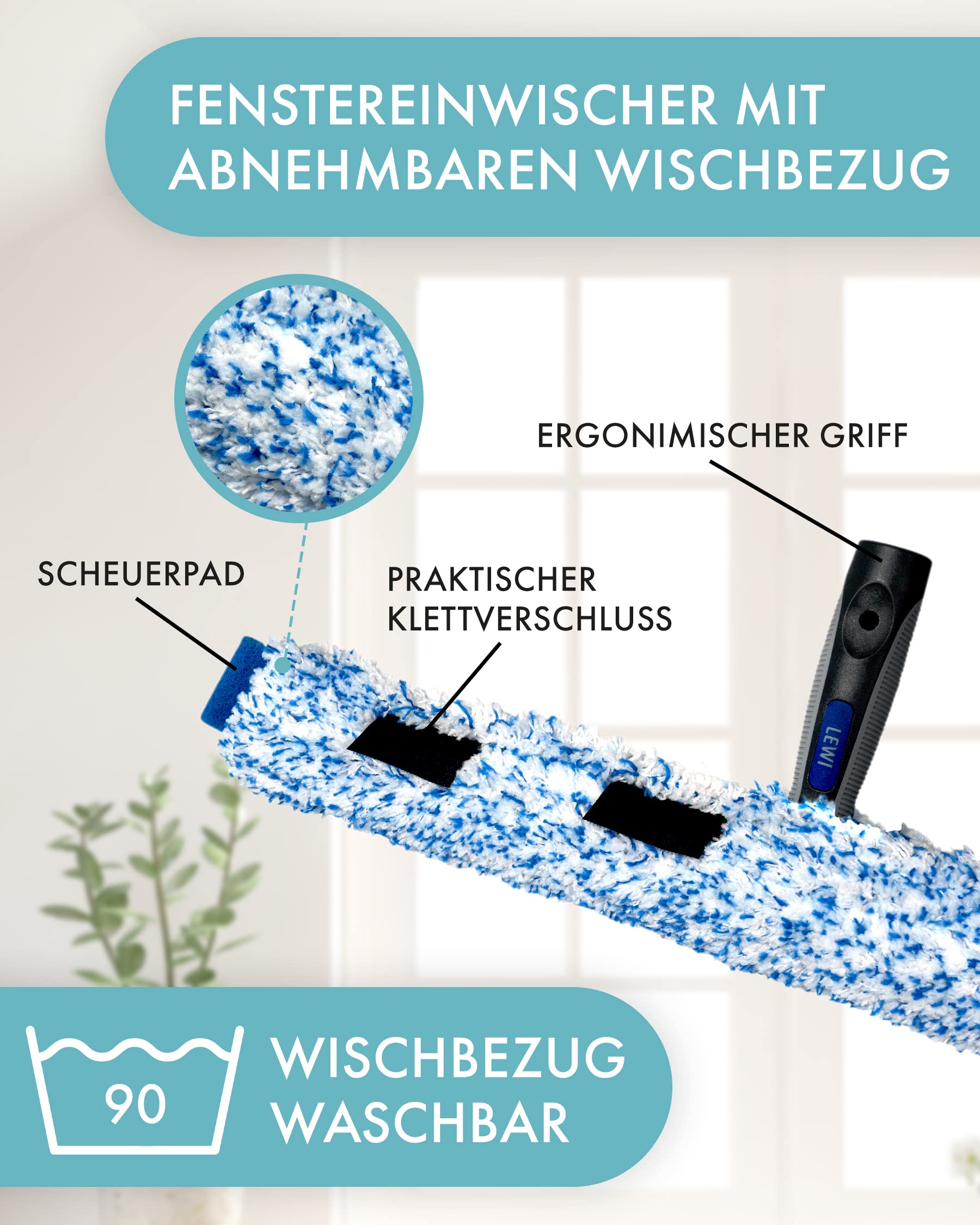 LEWI Fensterreinigungsset mit Teleskopstange (2x60 cm) – Profi Fensterwischer & Fensterabzieher je 45 cm – Aluminium-Stange für hohe Fenster & Ecken – inkl. Konus & Gratisprobe GlasRein