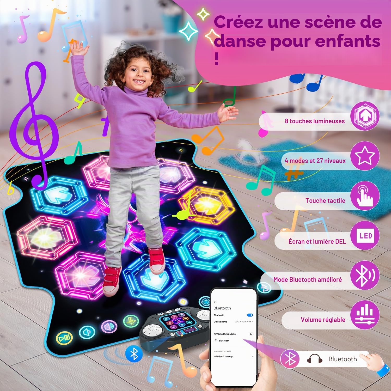TERRAMUS Tapis de Danse pour Enfants - Tapis de Danse électronique avec 8 Touches et lumières LED pour Enfants de 4 à 8 Ans - Cadeaux d'anniversaire sympas pour Filles et garçons de 3 à 12 Ans et Plus