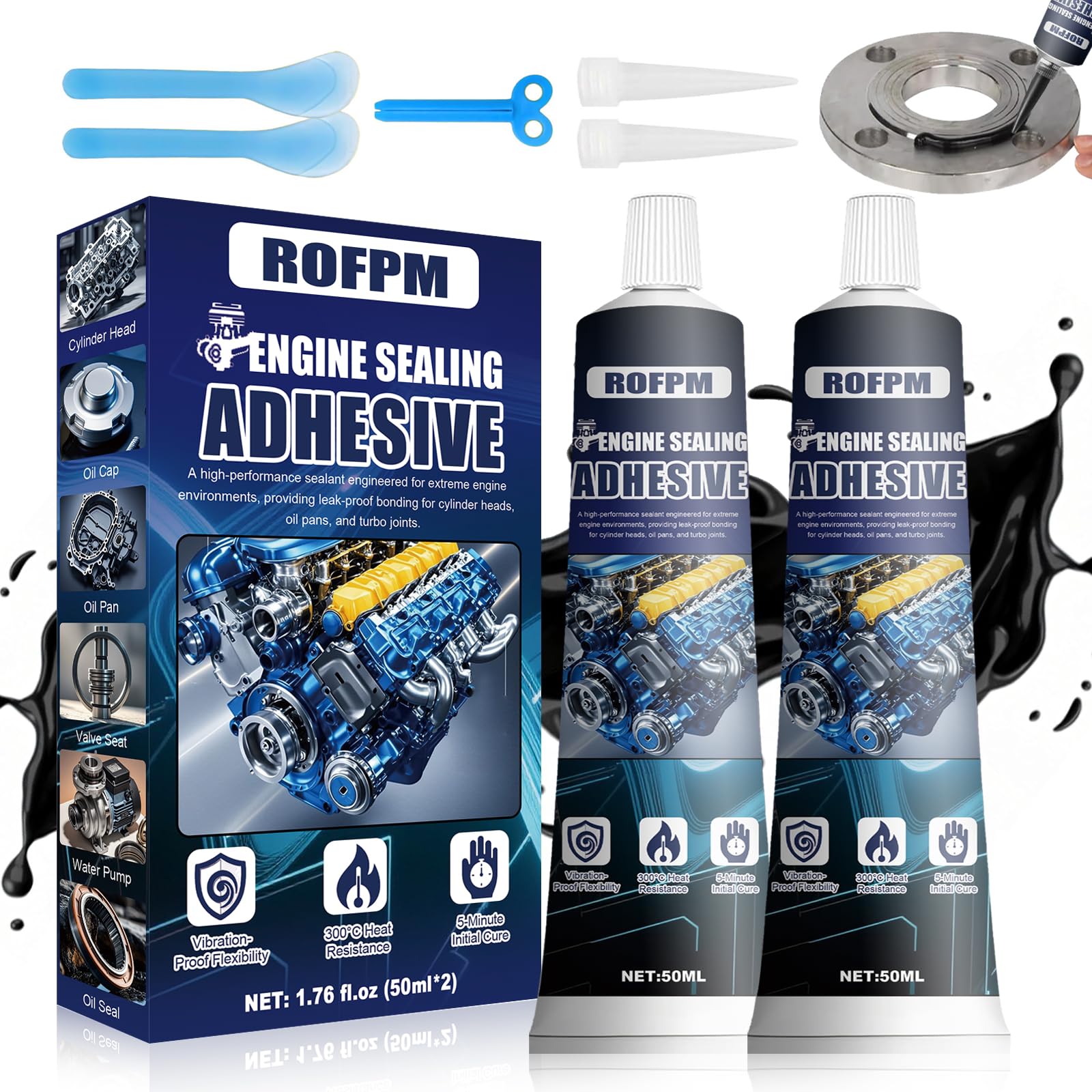 ROFPM 2 * 50ML Dichtmasse Motor Schwarz, HitzebestäNdig, +300°C Hochtemperatur Silikon, Kühlerdichtmittel, Auspuff Dichtmasse, Zylinderkopf Dichtmittel, für Flüssig Motor Getriebe, Auto Ölwannen