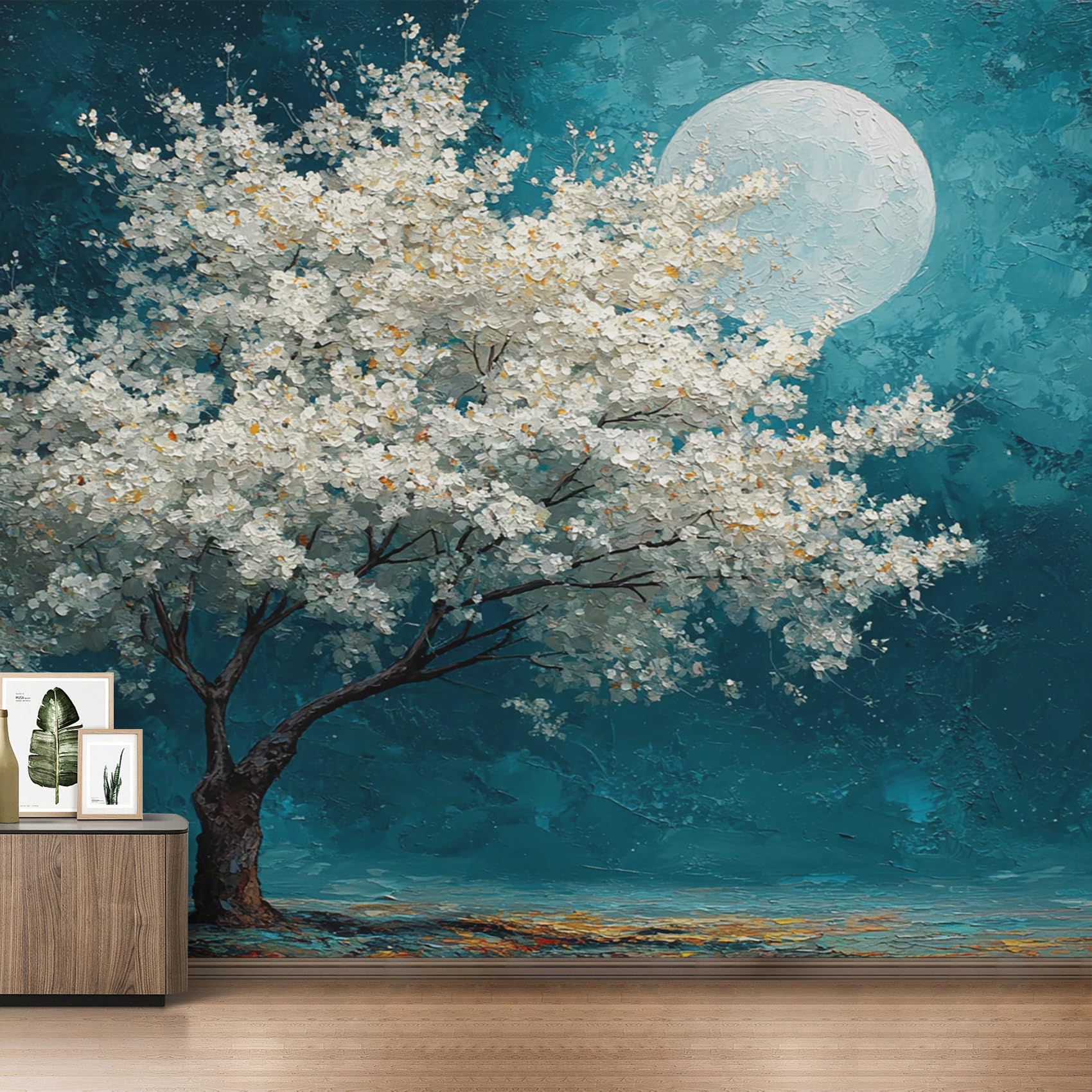 Generisch Vlies Fototapete Magnolien Baum 400x280 cm, Tapete Türkis Weiß Tapeten Vliestapete Wohnzimmer Ölgemälde Pflanzen Schlafzimmer Wandtapete Ornamente Mustertapete W&66