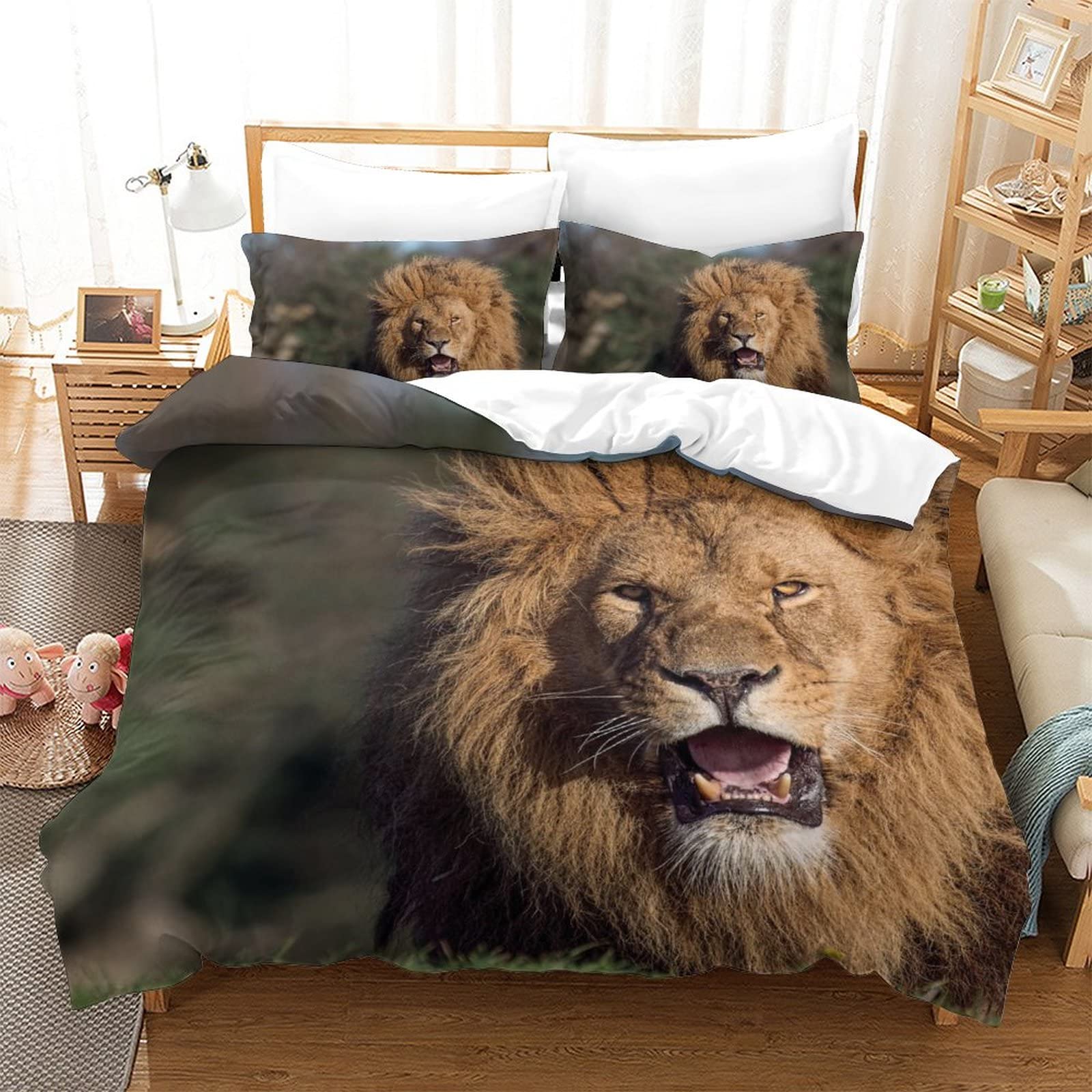 Housse de couette lion 3D double 200x200 avec 2 taies d'oreiller pour lit 2 personnes