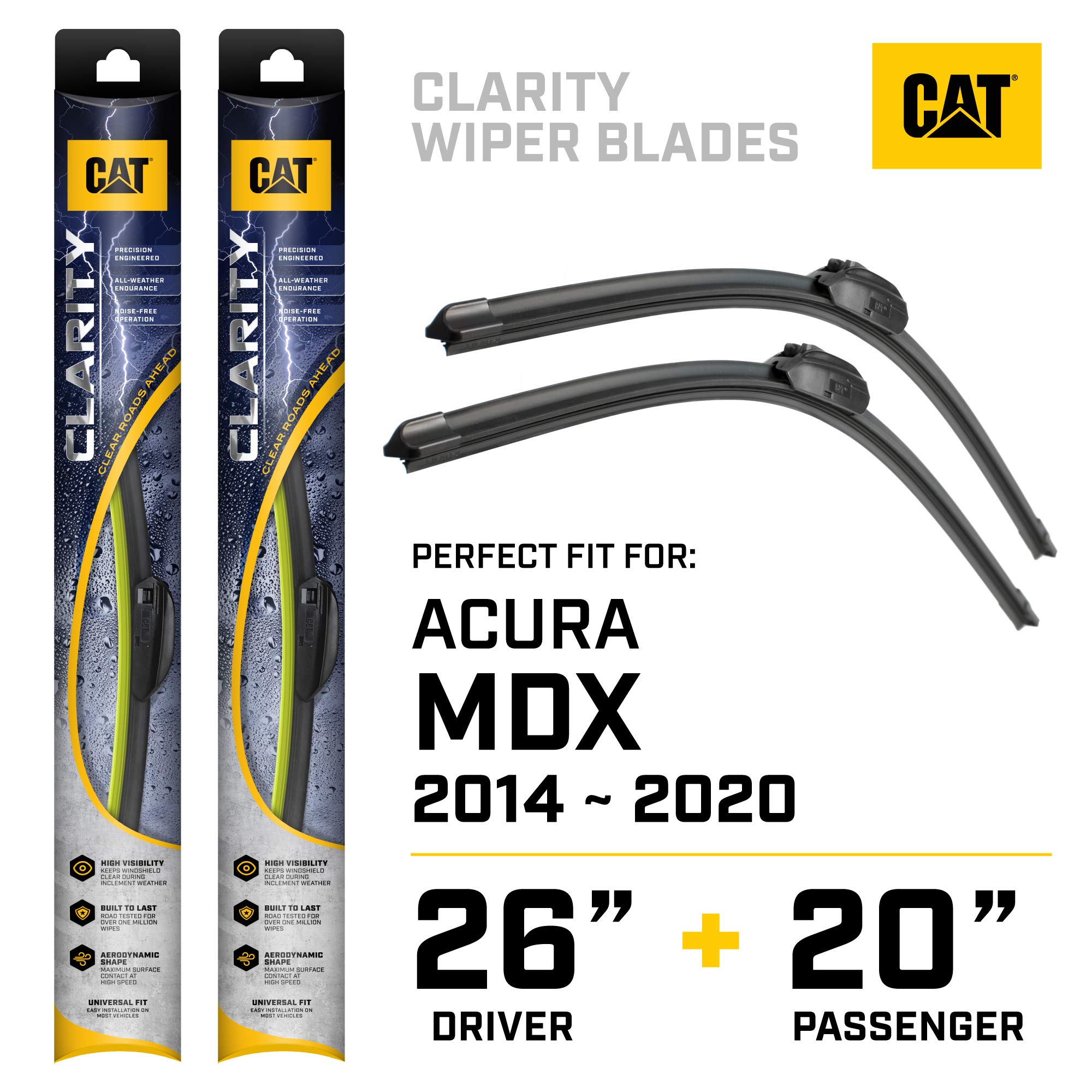 Caterpillar Clarity Premium Performance All Season Replacement Windshield Wiper Blades for Car Truck Van SUV (26 + 20" - Perfect Fit for 2014-2020 Acura MDX)