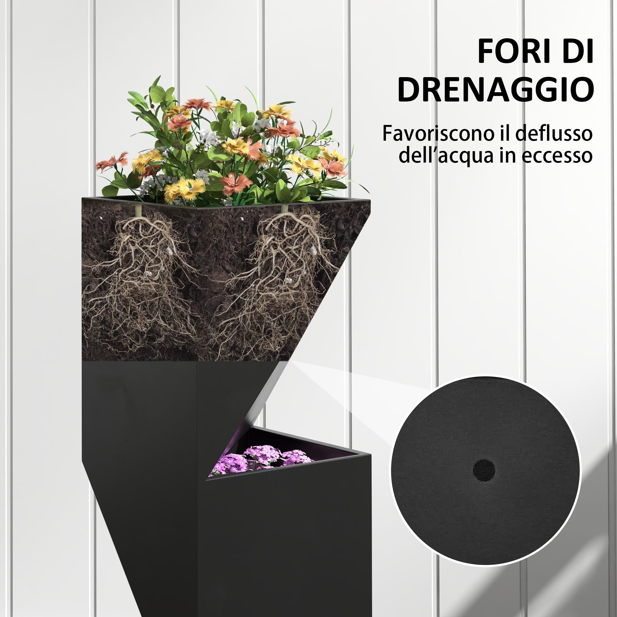 Outsunny Fioriera da Esterno con 3 Aree Coltivazione Nero 30x30x100 cm | Fori di Drenaggio, Vaso Fioriera in Metallo