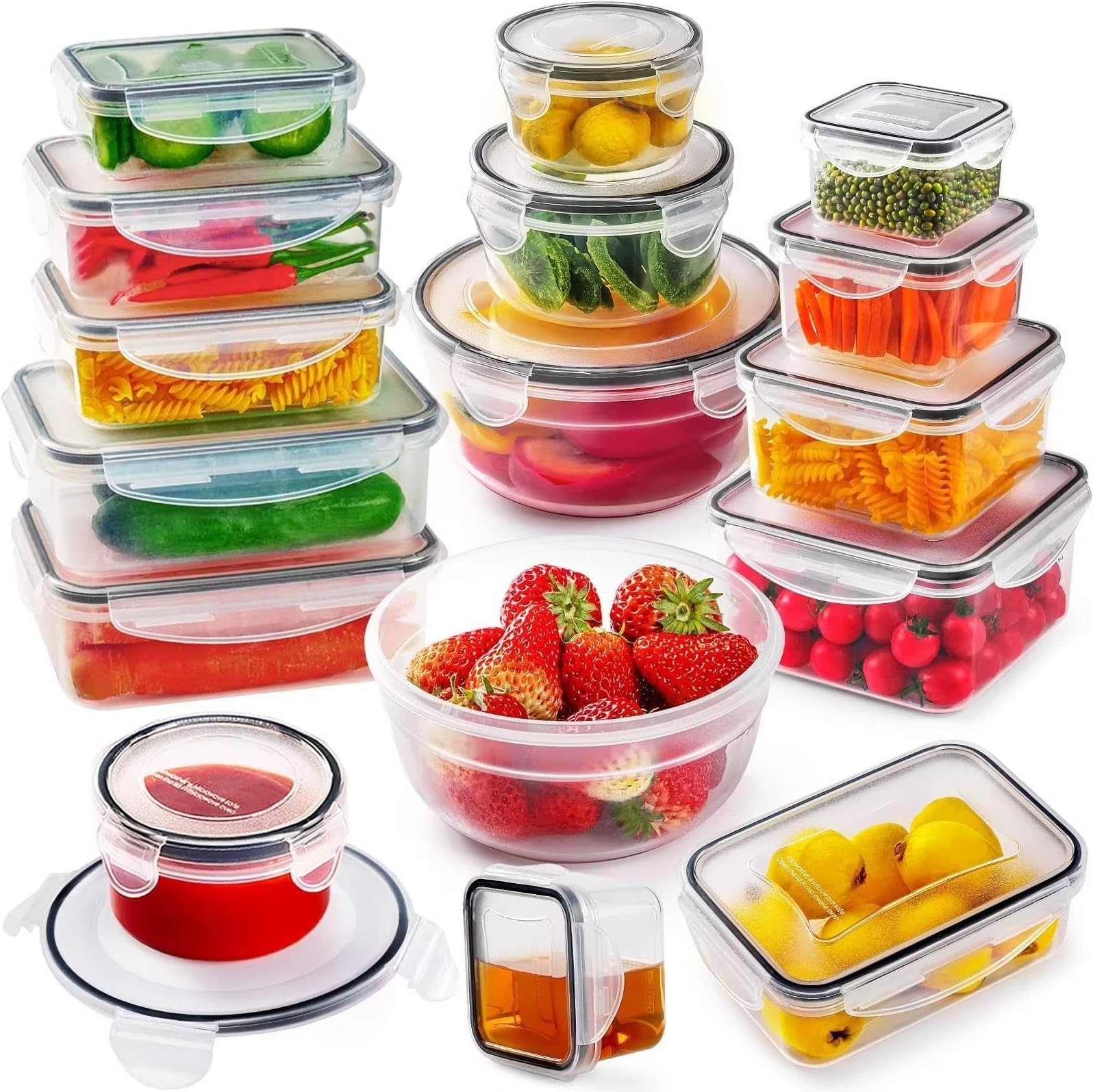 32 PCS Food Storage Containers with Airtight Lid(16 Stackable Plastic Containers with 16 Lids), 100% Leakproof & BPA-Free Container Sets with Lids for Kitchen Organization, Meal-Prep Lunch Containers