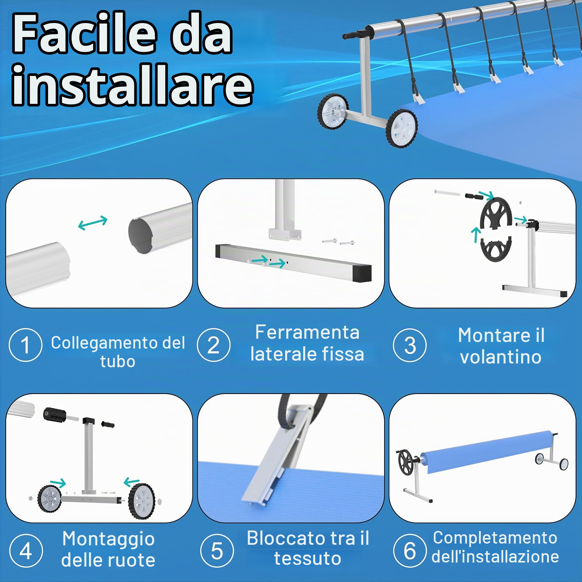 LZQ Avvolgitore per piscina mobile in alluminio + sistema di avvolgimento in acciaio inox, con 8 nastri di fissaggio per telone solare e piscina | 3 m – 5,70 m regolabile