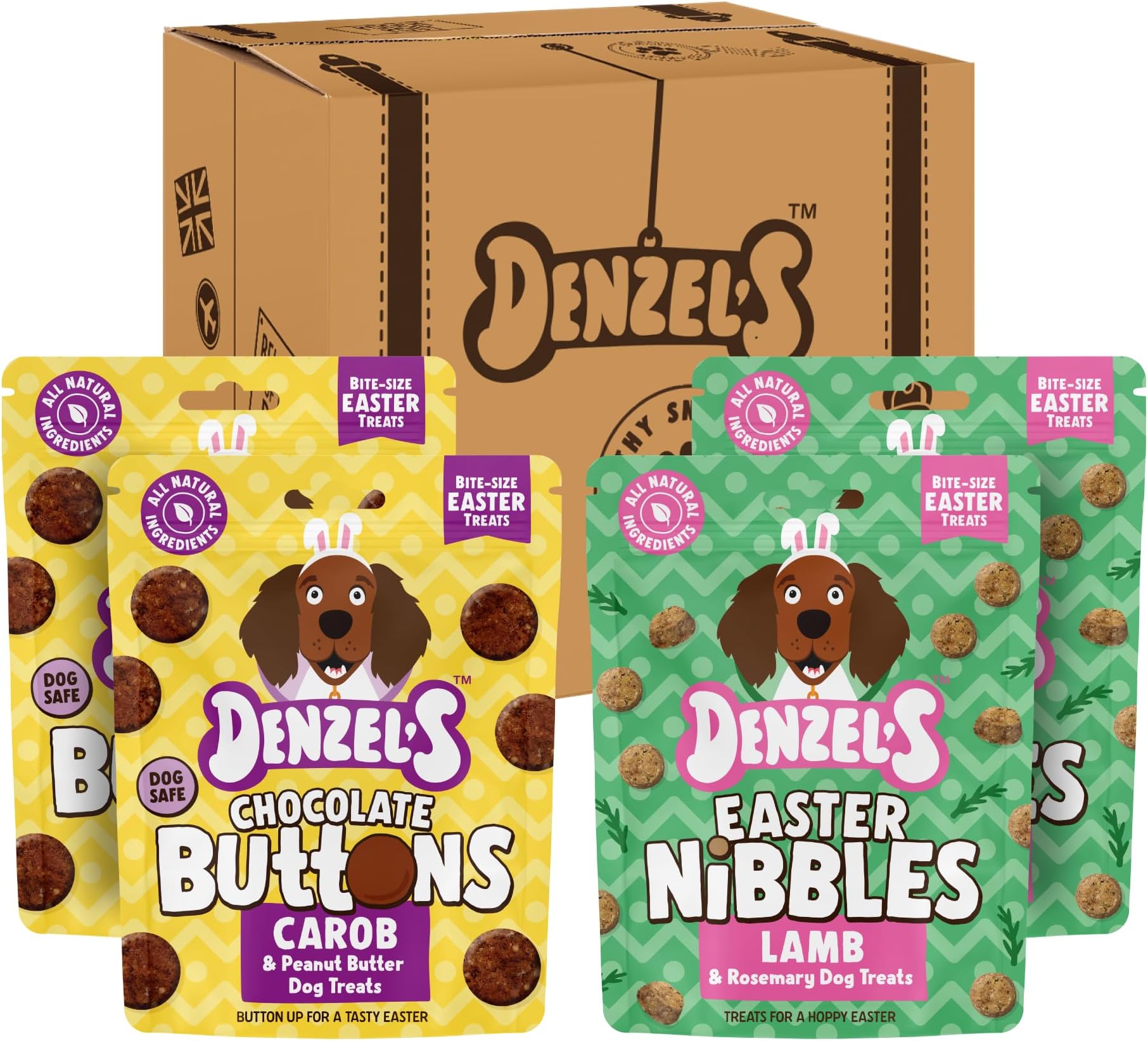 Denzel’s Easter Dog Treats - Limited Edition Variety Box - Easter Lamb Nibbles & Chocolate Buttons - Mixed 4 Pack