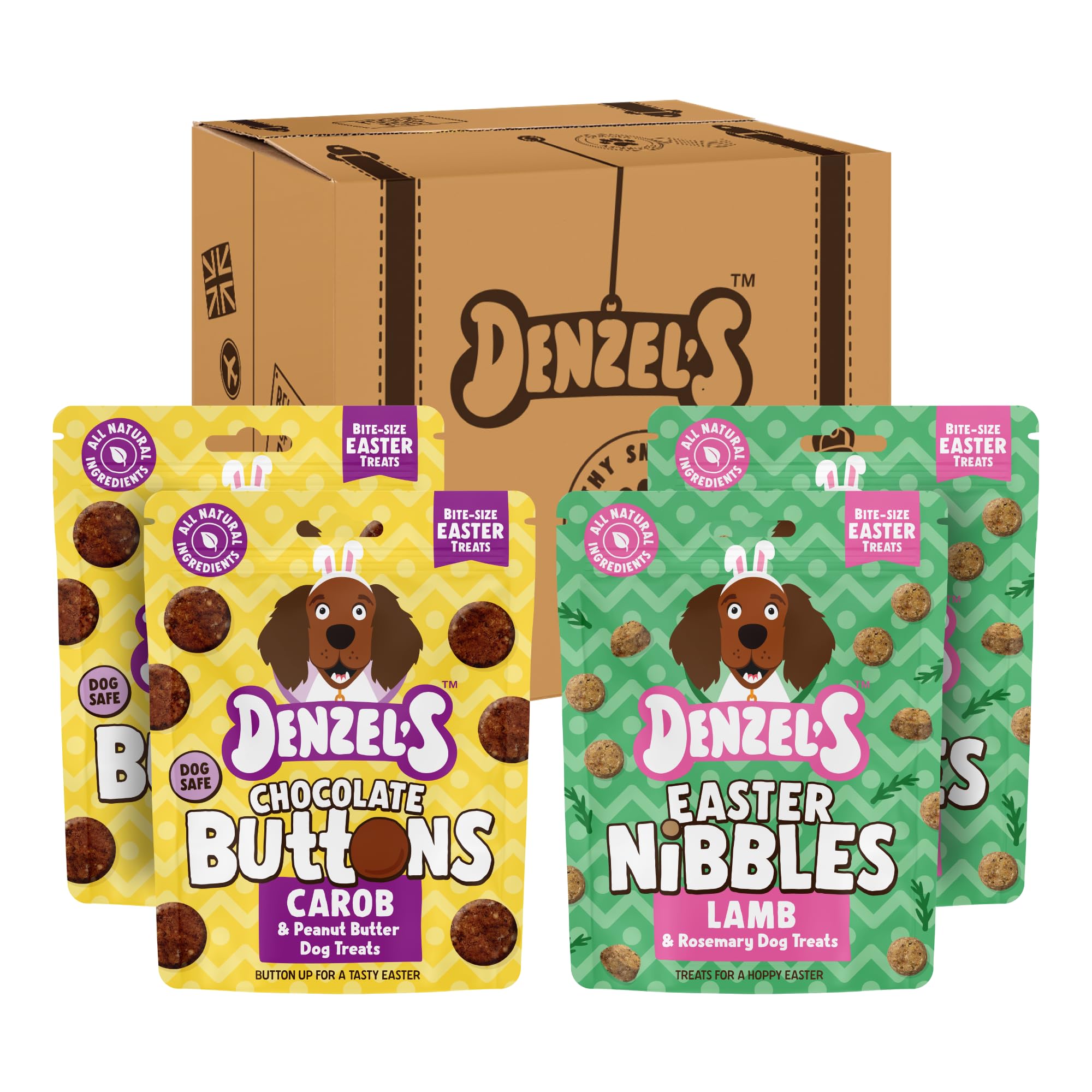 Denzelβs Easter Dog Treats - Limited Edition Variety Box - Easter Lamb Nibbles & Chocolate Buttons - Mixed 4 Pack