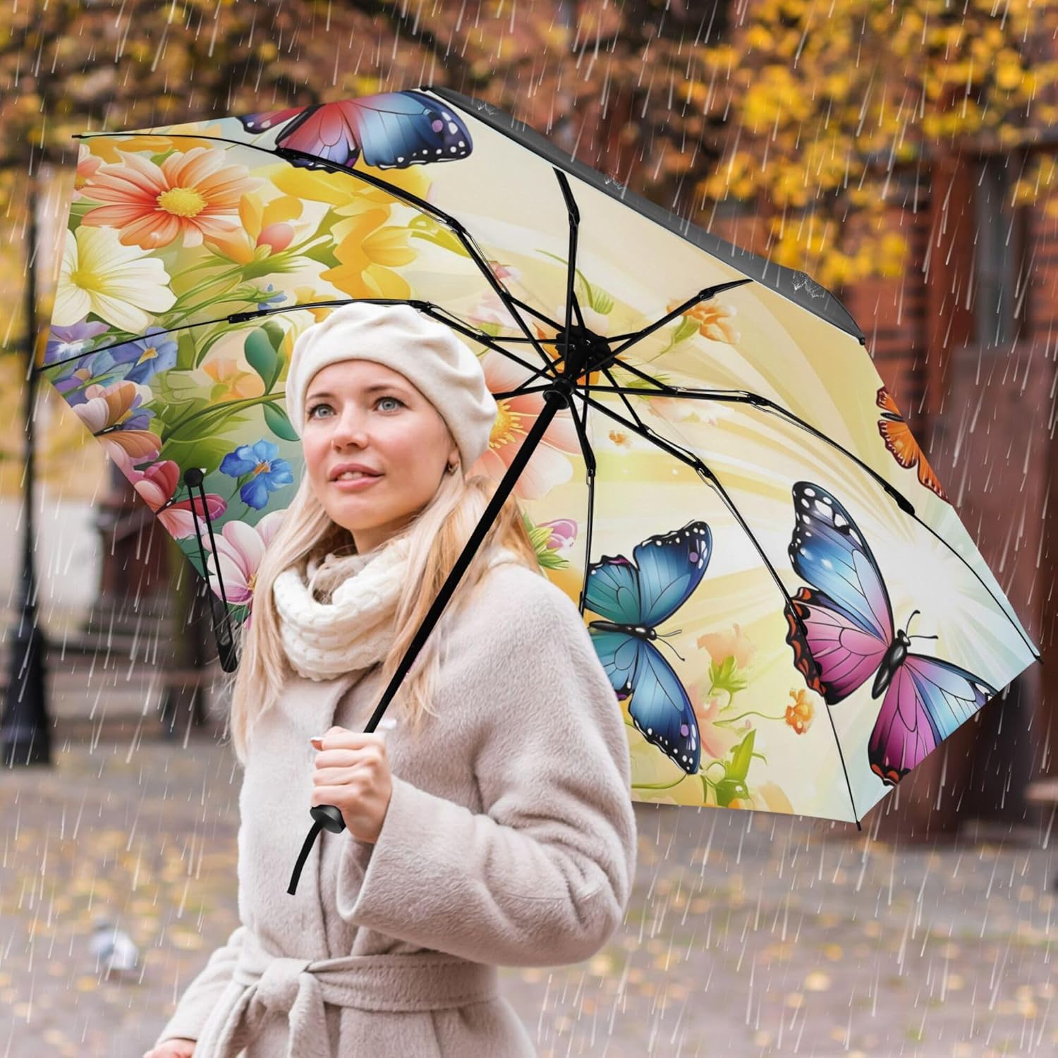 Automatic Folding Umbrella Windproof Strong, UV Protection Compact Black Bear Forest Sun Rain Sun Rain Travel Umbrellas for Women Men