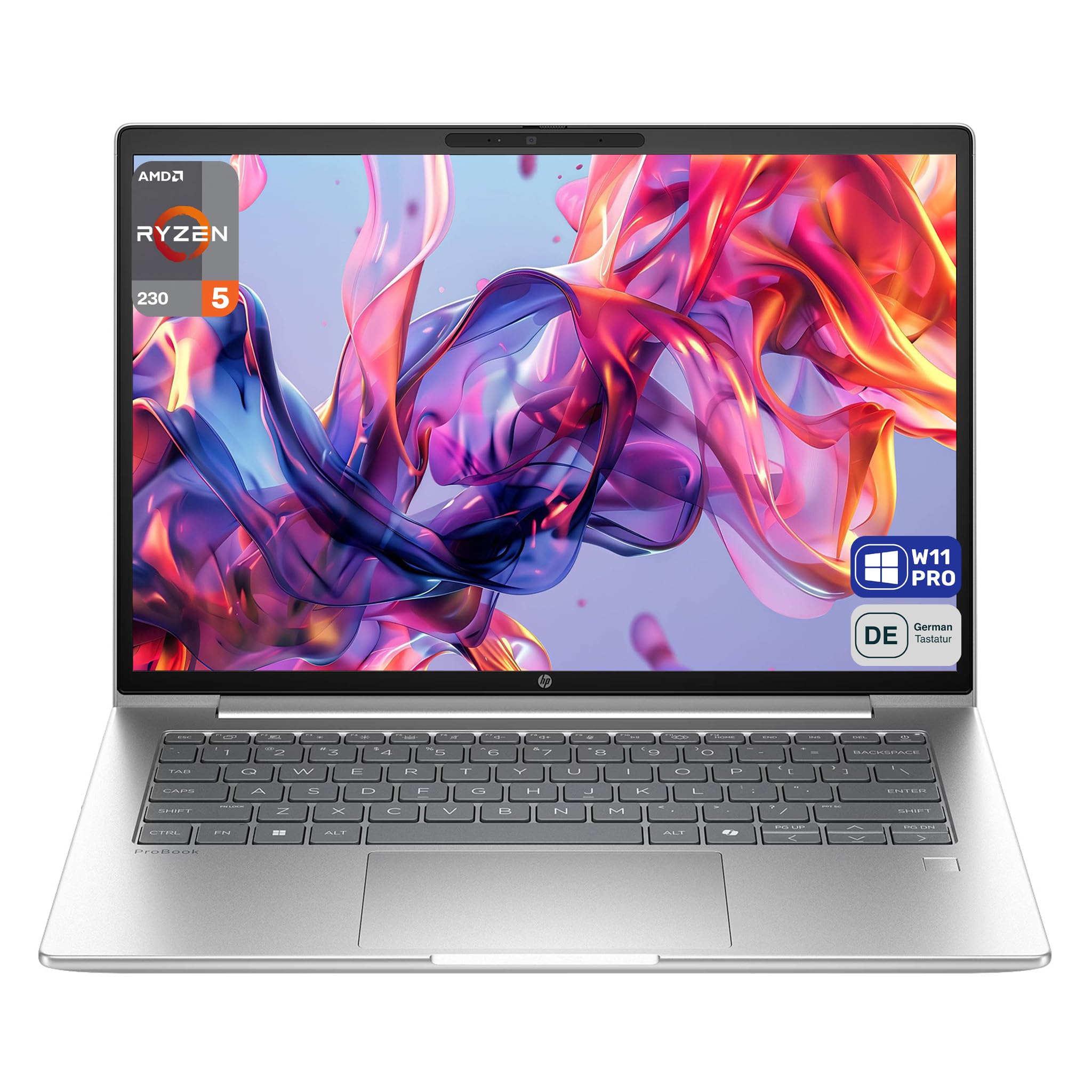 HP ProBook 4 G1a 14 Business Laptop, AMD Ryzen 5 230, 14" WUXGA IPS (1920x1200), 16 GB DDR5 RAM, 512 GB SSD, Radeon 760M, Fingerprint, Deutsches Tastaturlayout, Windows 11 Pro, Silber