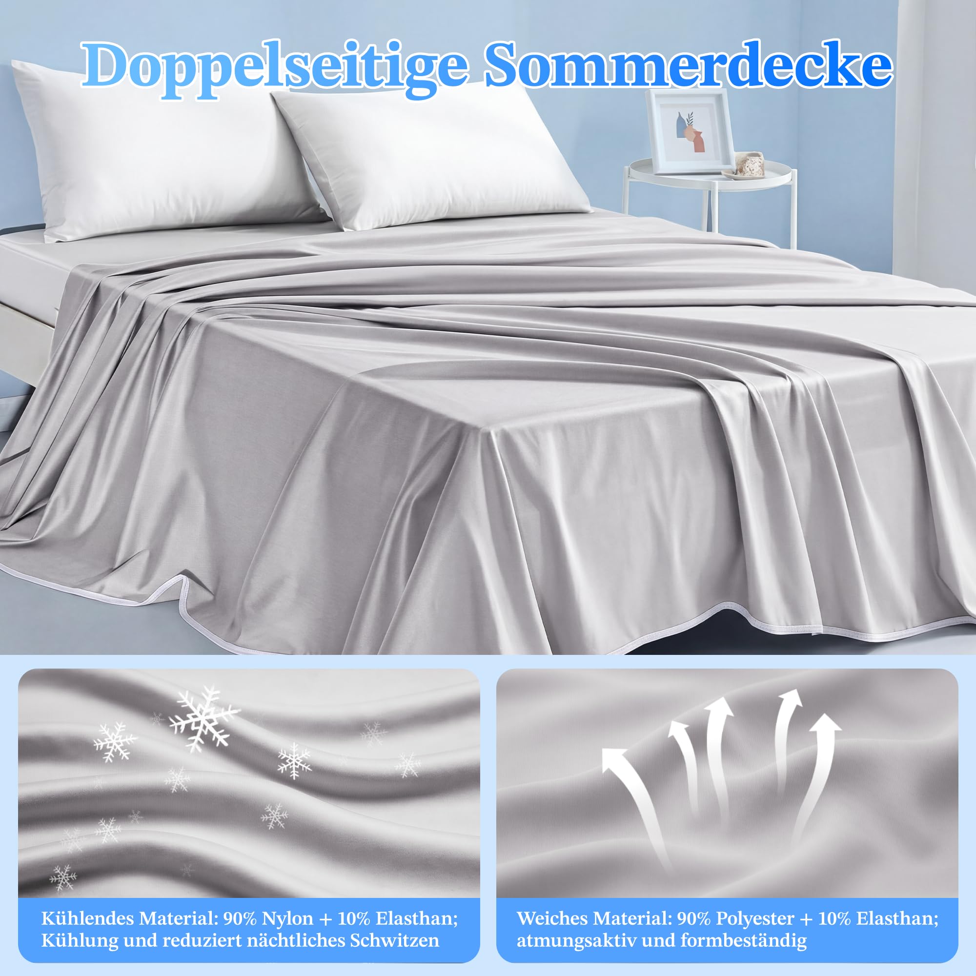 LANSOW Kühldecke, 150 x 200 cm, Q-Max >0,5, doppelseitig, leicht, kühlende Decke für Nachtschweiß und heiße Schläfer, Arc-Chill, atmungsaktiv, Eis-Sommerdecke für Bett, Sofa, Camping, Reisen, Grau