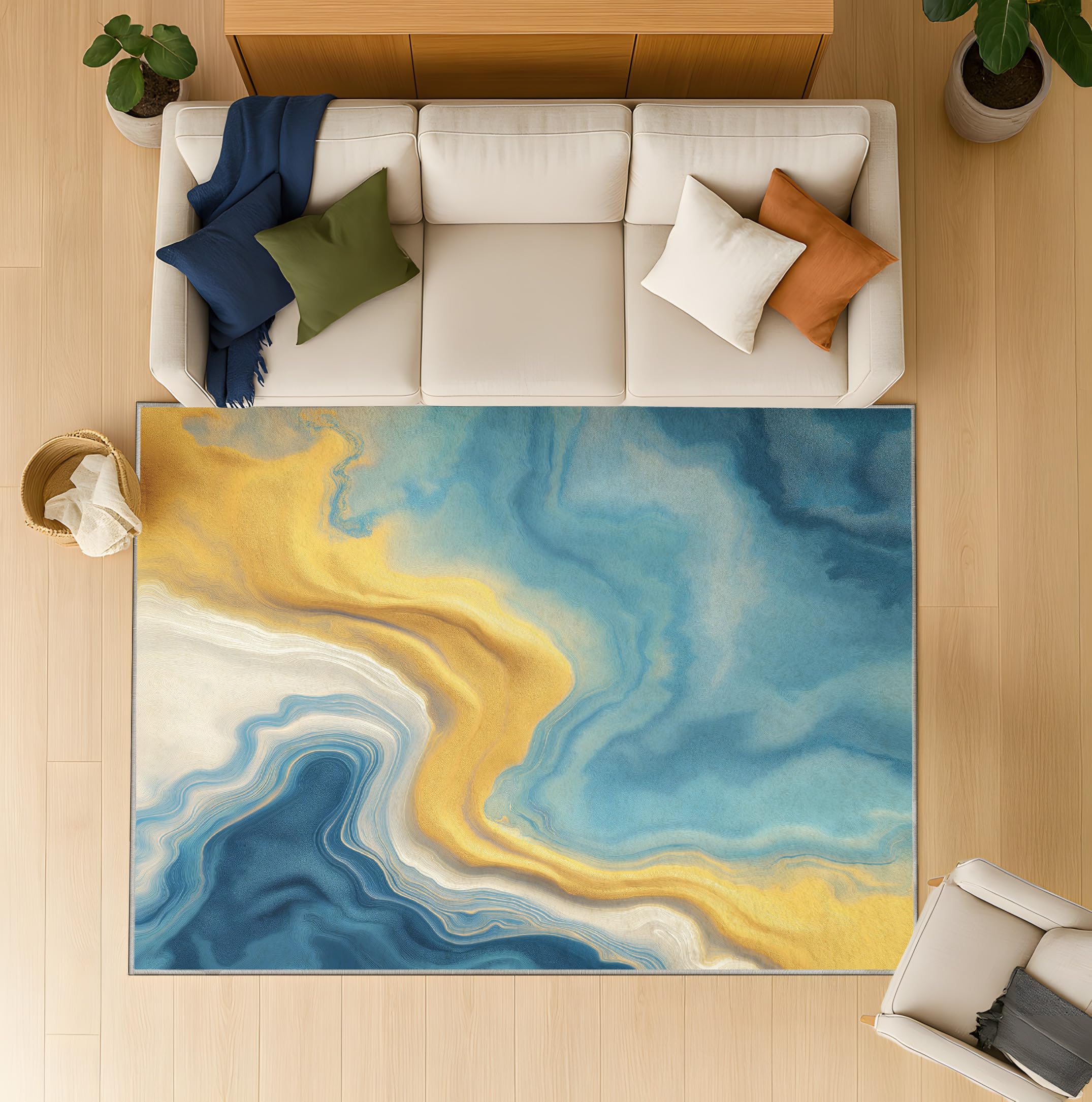 Genérico Dywan akwarelowy do salonu i sypialni, puszysty krótki włos antypoślizgowy dywan do salonu dla dzieci biuro niebieskie jezioro dywaniki bardzo duży 160 x 230 cm płynne linie