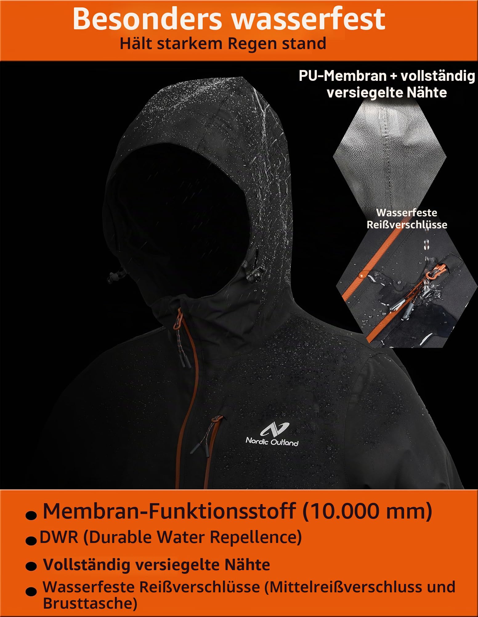 NORDIC OUTLAND Leichte Herren-Regenjacke mit Kapuze, wasserdicht, atmungsaktiv, Regenmantel für Outdoor