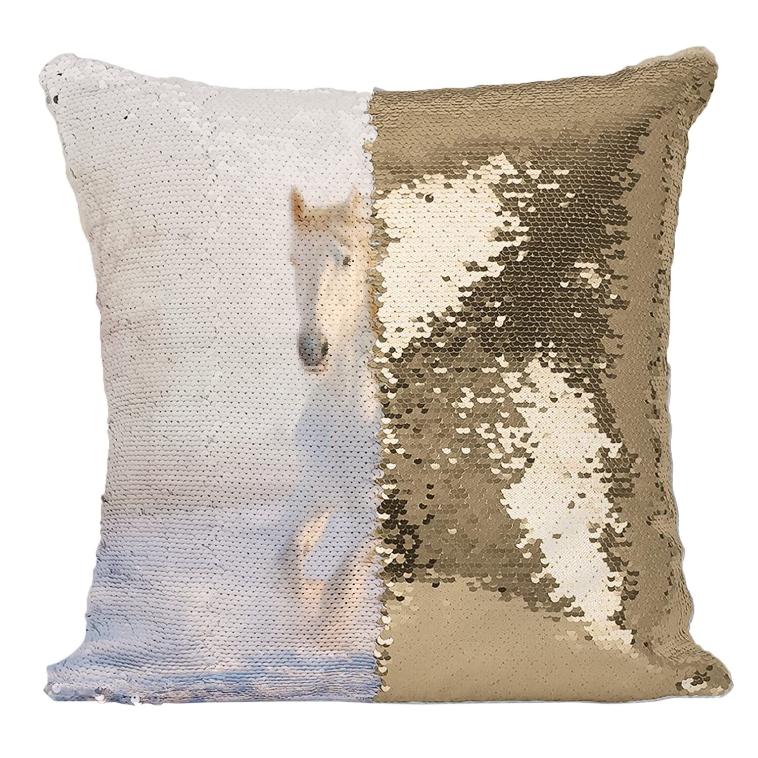 Coussin paillettes doré cheval blanc motif hivernal de prestige