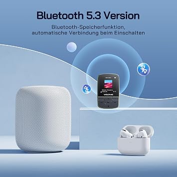 WOLFANG MP3-Player mit Bluetooth 5.2 Sportclip Mini-Größe Gewicht 283 g HiF-FM-Radio Diktiergerät Kopfhörer im Lieferumfang enthaltenMilitärgrün