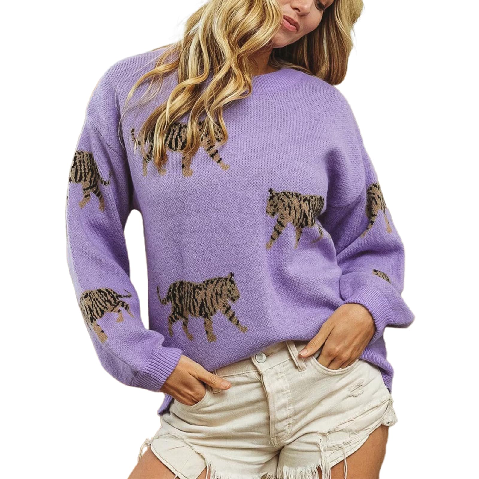 KarwuiioWomen Y2k Sweaters Vintage Tiger Print Long Sleeve Pullover Sweater Fall Knitwear Streetwear