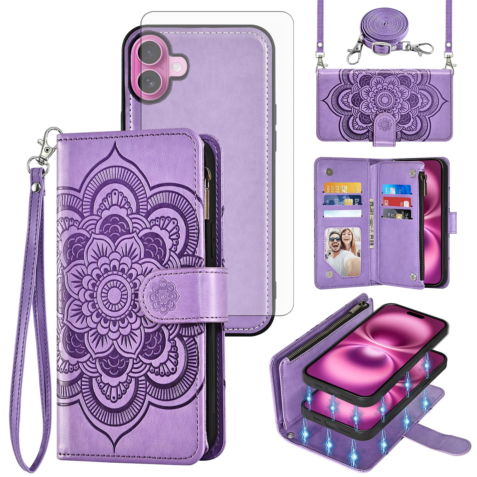 Coque iPhone 16 Plus avec fermeture éclair et portefeuille mandala - 8