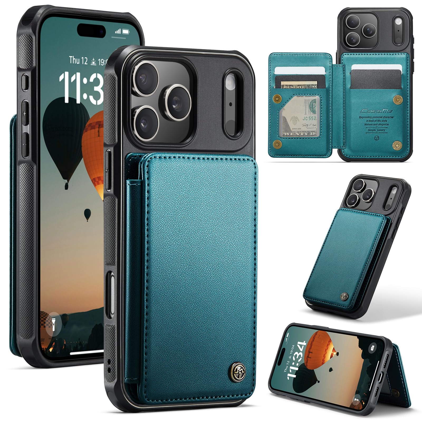 UEEBAI Custodia a portafoglio per iPhone 17 Pro Max, con blocco RFID, scomparti per carte di credito, in pelle PU, con cavalletto, chiusura magnetica, antiurto, unisex, blu