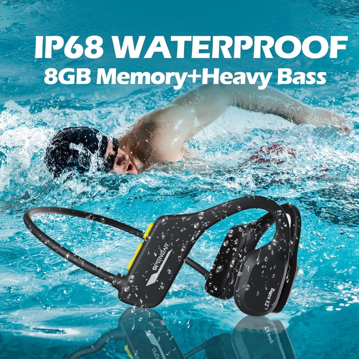Bone Conduction Headphones Swimming Underwater IPX8 Waterproof Headphones Underwater Waterproof Earbuds for Swimming Swim Headphones Bluetooth Bone Conduction Head Set MP3 Player with 8G Memory