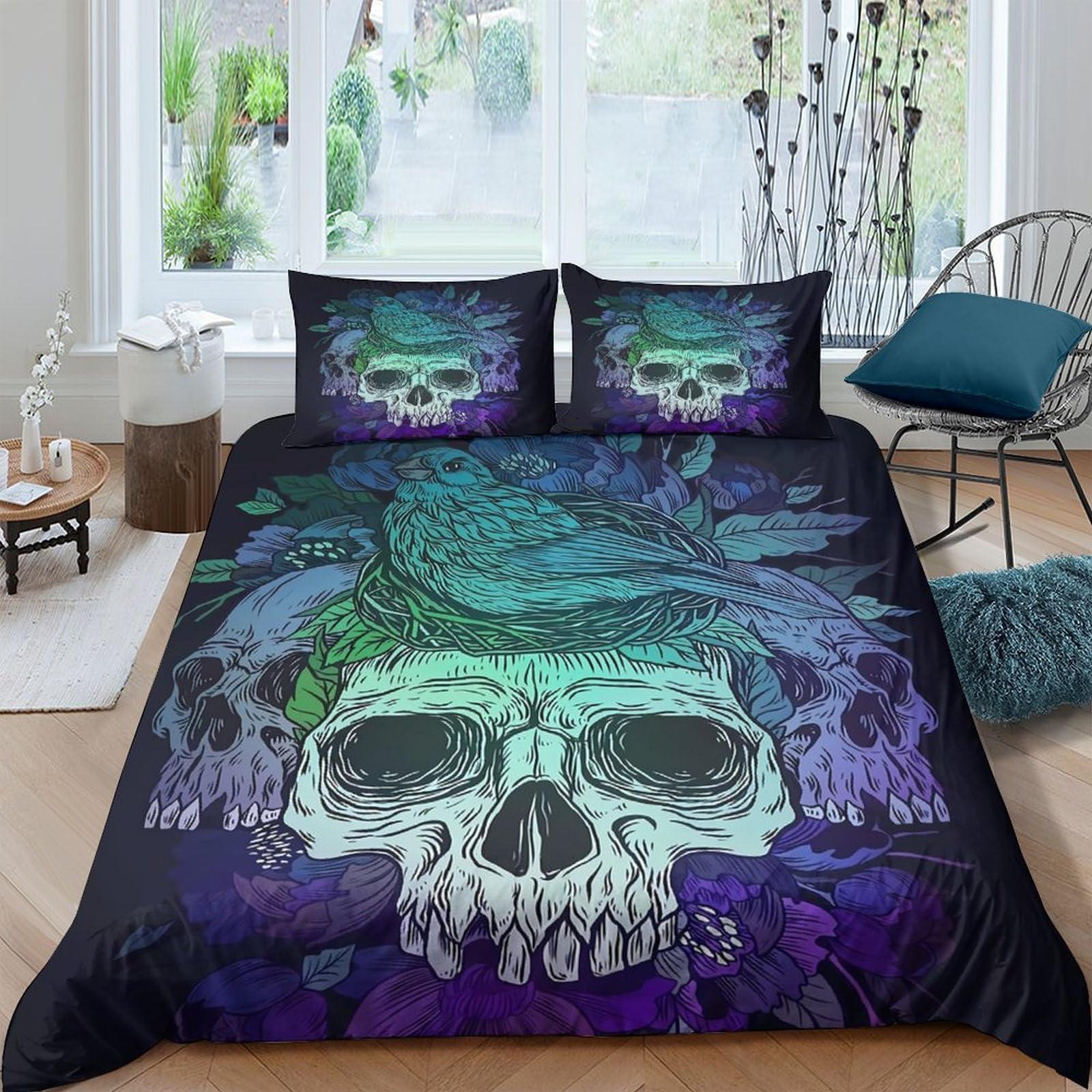 Ctjqhvkz Style-8 3D Printed Skull Raven Fitted Sheet Microfiber Soft Black Purple Gothic Bed Cover For Bedroom Dorm Decor Single（135X200cm）