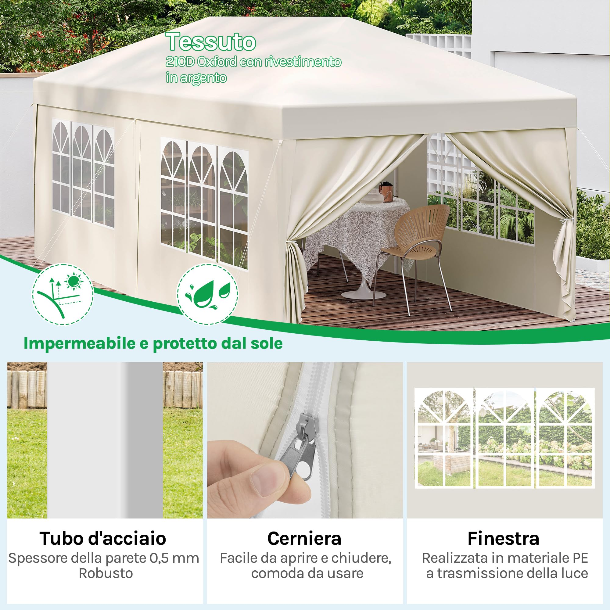 Laneetal Gazebo Pieghevole da Giardino 3x6m, Tenda Pop-Up per il Campeggio e la Festa, Gazebo in Metallo, con 6 Pareti Laterali e 4 Finestre, Beige
