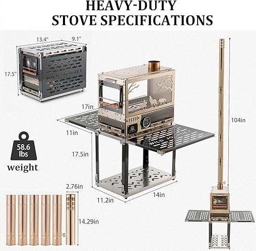 Miniatura 2 de Estufa de leña, estufa de leña, estufa de tienda de campaña caliente, estufa de campamento portátil de acero inoxidable con horno y base y 6 tubos