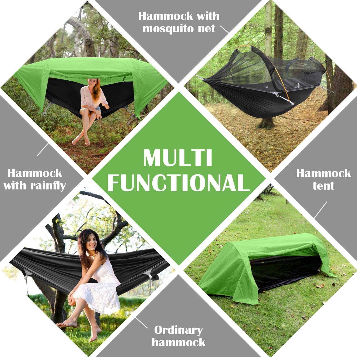 Hamaca de campamento patentada con mosquitero y toldo para lluvia 7