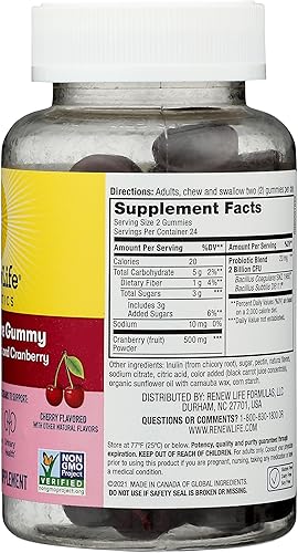 Miniatura 7 de Renew Life Women's Care Cherry Prebiotic and Probiotic Gummies, Digestive, Urinary Tract and Immune Health, B. Coagulans and B. Subtilis, Dairy, Soy