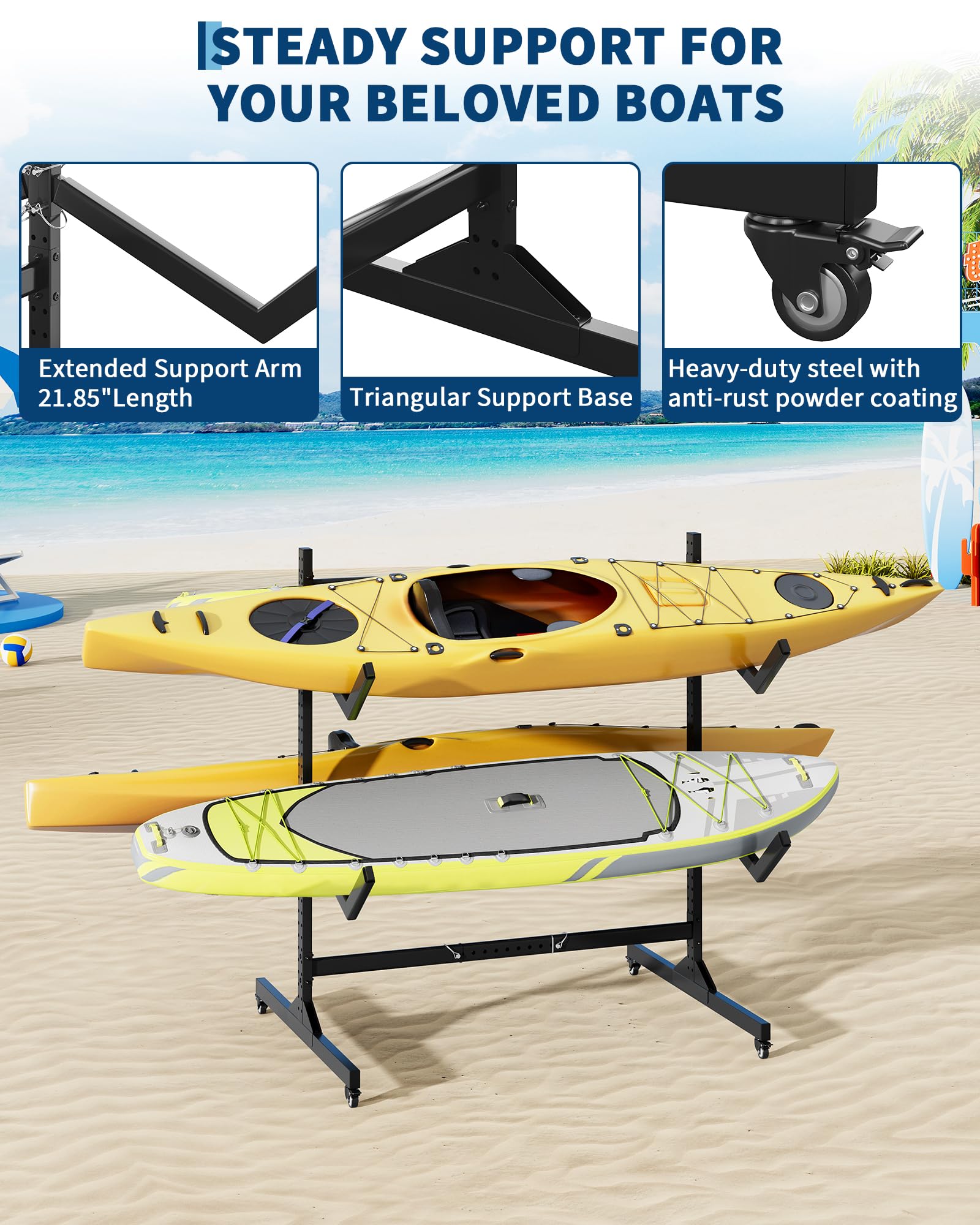 Garvee Rack de Rangement autoportant Double Face, Robuste et réglable, pour 4 Kayaks, canoës, Sup et Planches – roulettes verrouillables – Idéal Garage, abri ou Quai – Spécification : Double Face