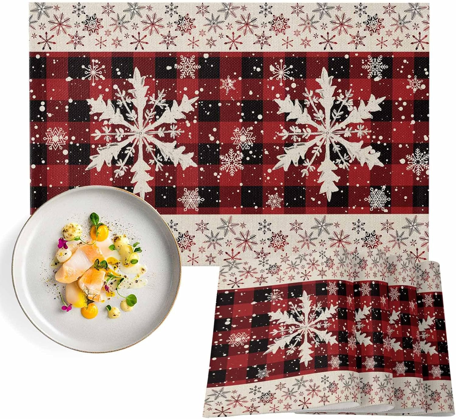 Christmas Placemat Snowflake Non-Slip/Wipe Clean Linen Dining Table Mat Set Red Black Buffalo Plaid Heat-Resistant Table Liner for Holiday/Party/Outdoor, Table Decoration Anniversary Set of 12