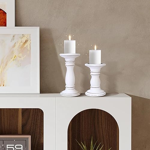 Juego de 2 portavelas de madera (8 y 6 pulgadas) Portavelas hecho a mano Portavelas decorativo de madera de mango rústico para el hogar, repisa y