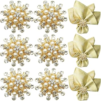 Gold Flower Napkin Rings Set of 6, Gold Bling Rhinestone Napkin Rings Holder for Weddings, Dinner, Parties, Christmas Holiday Decorationm, 6 Pieces