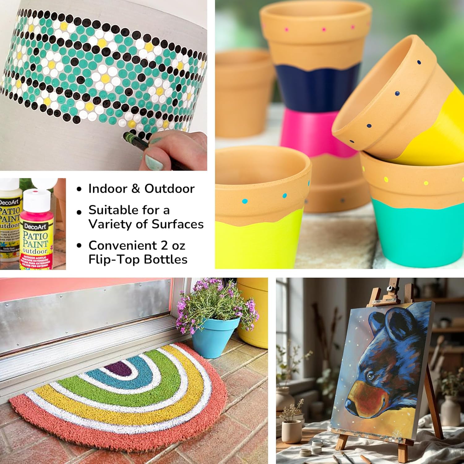 DecoArt Patio Outdoor Paint Set – 24 Pastel Colors (2 fl oz Bottles) – Outdoor Weatherproof Permanent Paints for Crafts, Planters & Home Décor