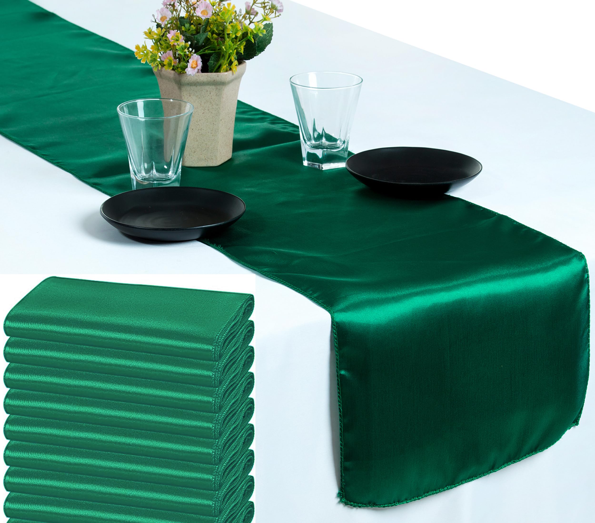 VDS Pack of 25 Satin Table Runners for Wedding & Party Décor 12” x 108”, Smooth Glossy Sateen Fabric Runner, Dining Table Decoration for Reception Banquet & Events Hotel Restaurant - Emerald Green