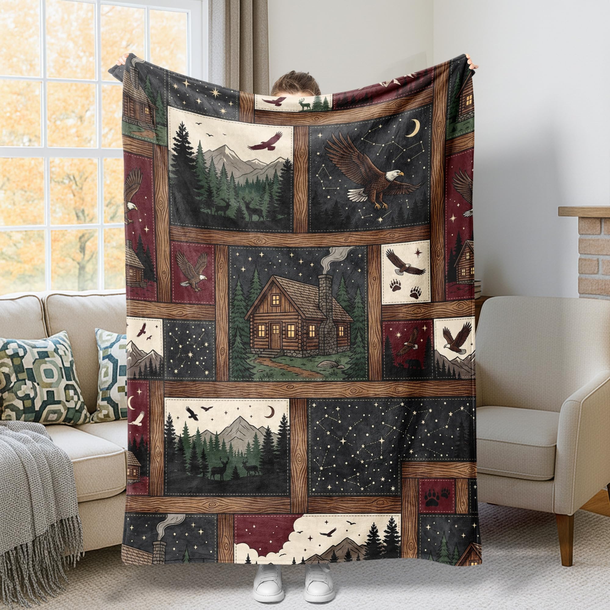 Couverture cabine rustique aigle plaid vert foncé lit 152x203