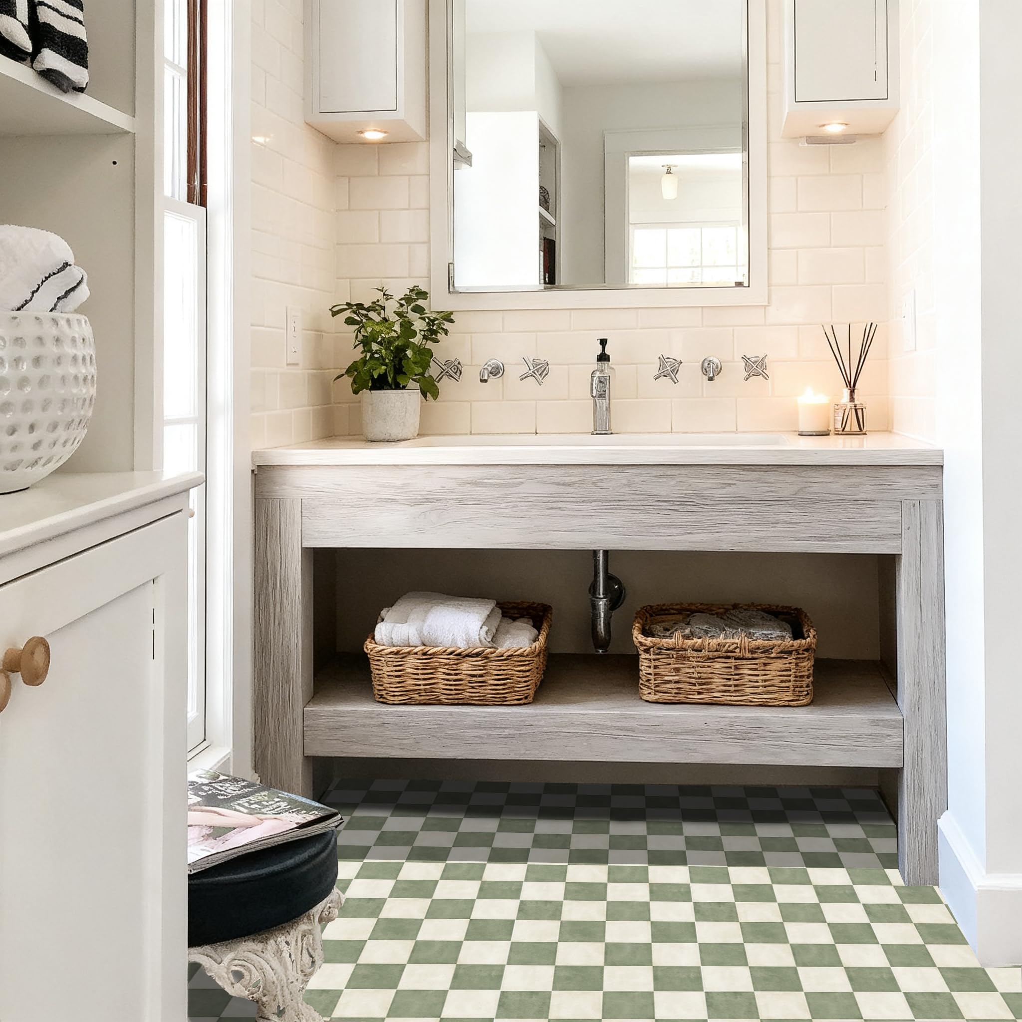 Alwayspon 10 azulejos de piso de 12 x 12 pulgadas x 12 pulgadas, impermeables, antideslizantes, de vinilo, para baño, cocina, dormitorio, decoración de suelo apta para inquilinos, tablero de ajedrez