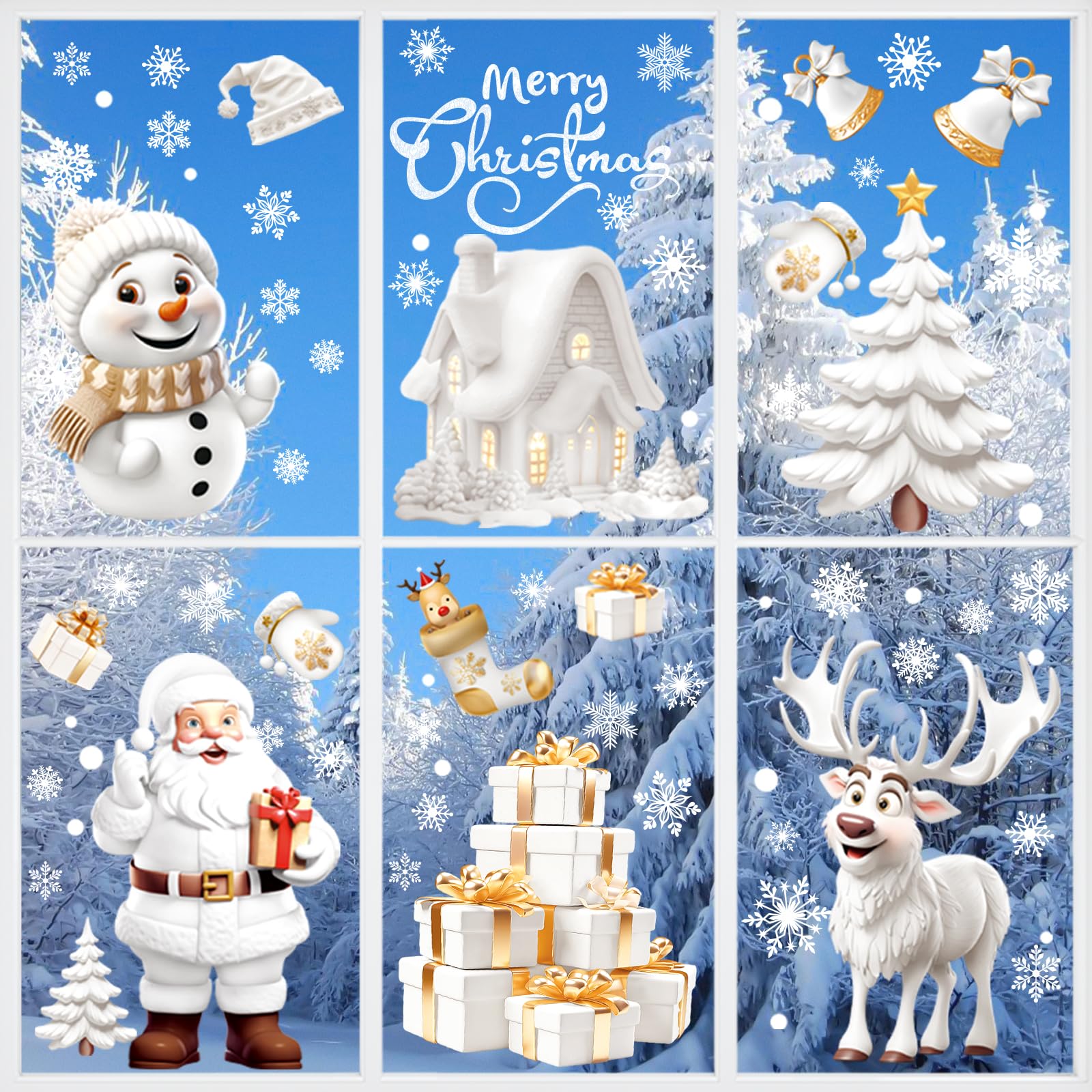Nepfaivy Christmas Window Stickers Reusable 190Pcs - Double Sided Xmas Window Stickers Christmas Scene, Static White Snowflake Reindeer Clings for Xmas Decorations