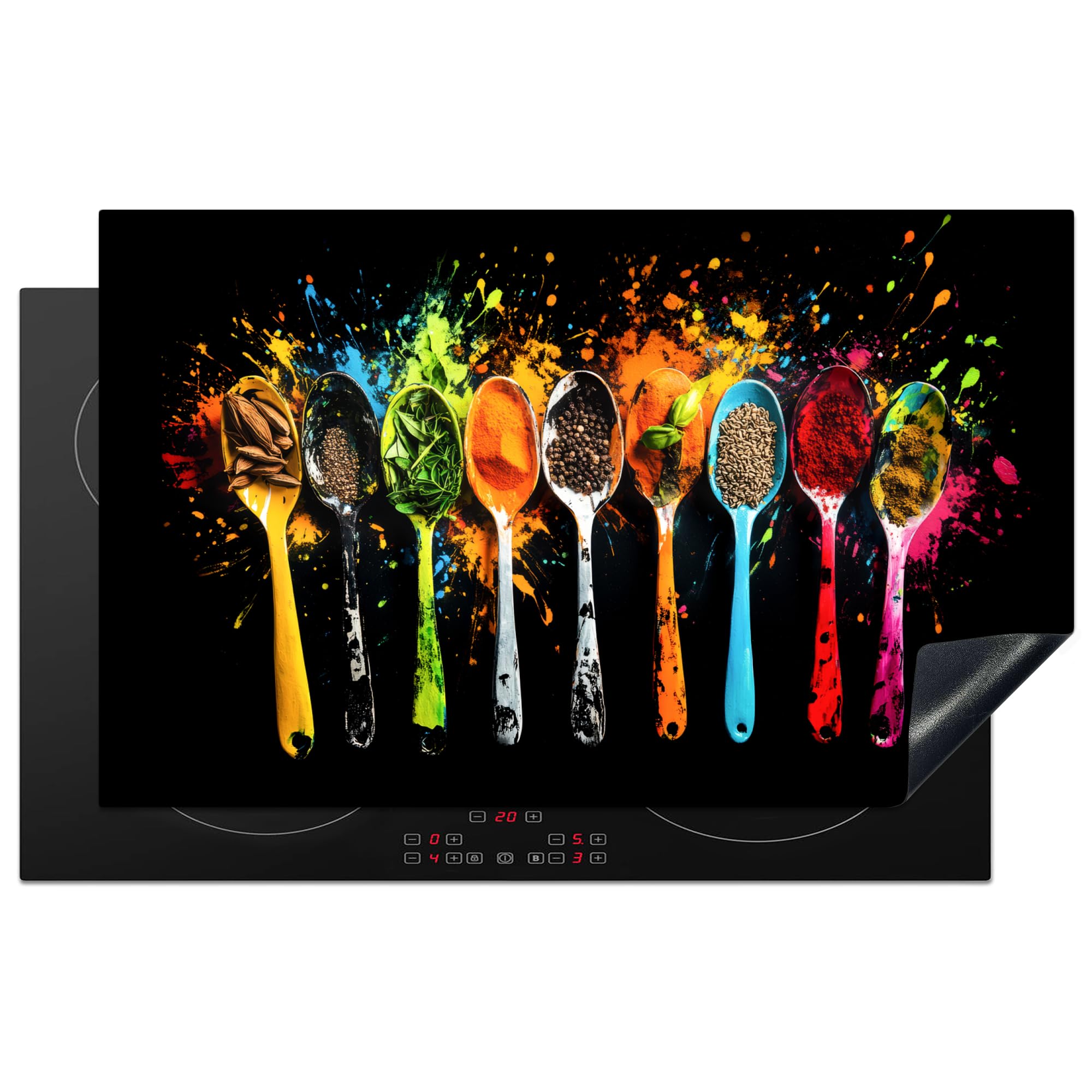 KitchenYeah© Induction Hob Protector Mat 20.3"x32.7" / 83x51.5 cm Stove Cap Top Cover Kitchen Cooker Covers for Electric Hobs Vinyl Spoons - Spices - Modern - Graffiti - Colourful